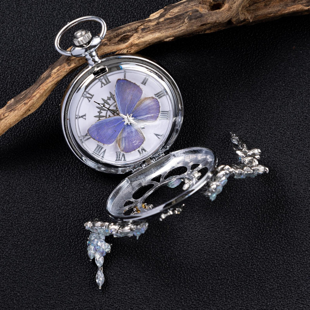 Oryeia Handmade Custom Winter Butterfly Pocket Watch Necklace Preserved Flower Pendant