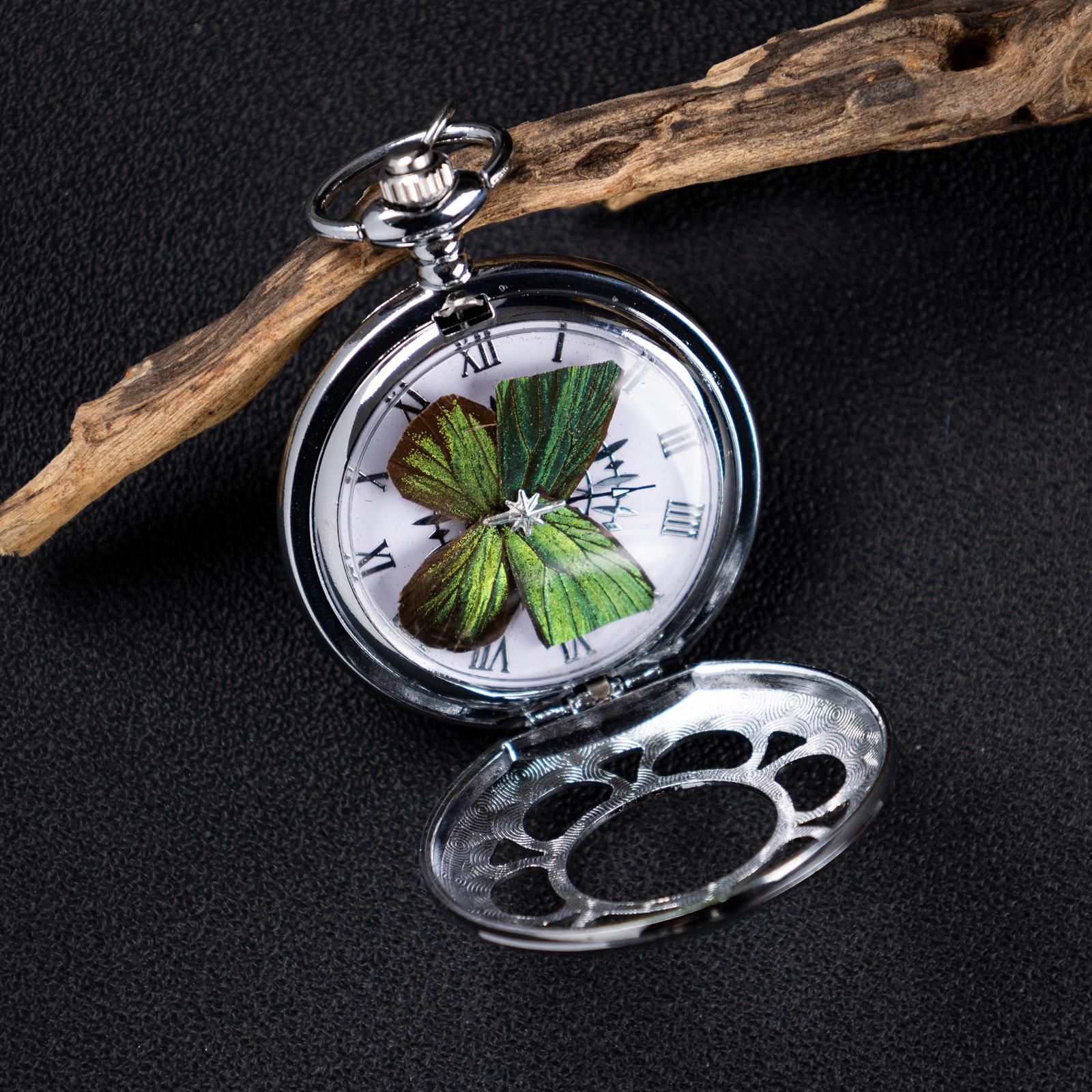 Oryeia Handmade Custom Winter Butterfly Pocket Watch Necklace Preserved Flower Pendant