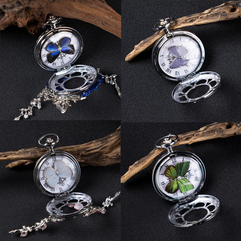 Oryeia Handmade Custom Winter Butterfly Pocket Watch Necklace Preserved Flower Pendant