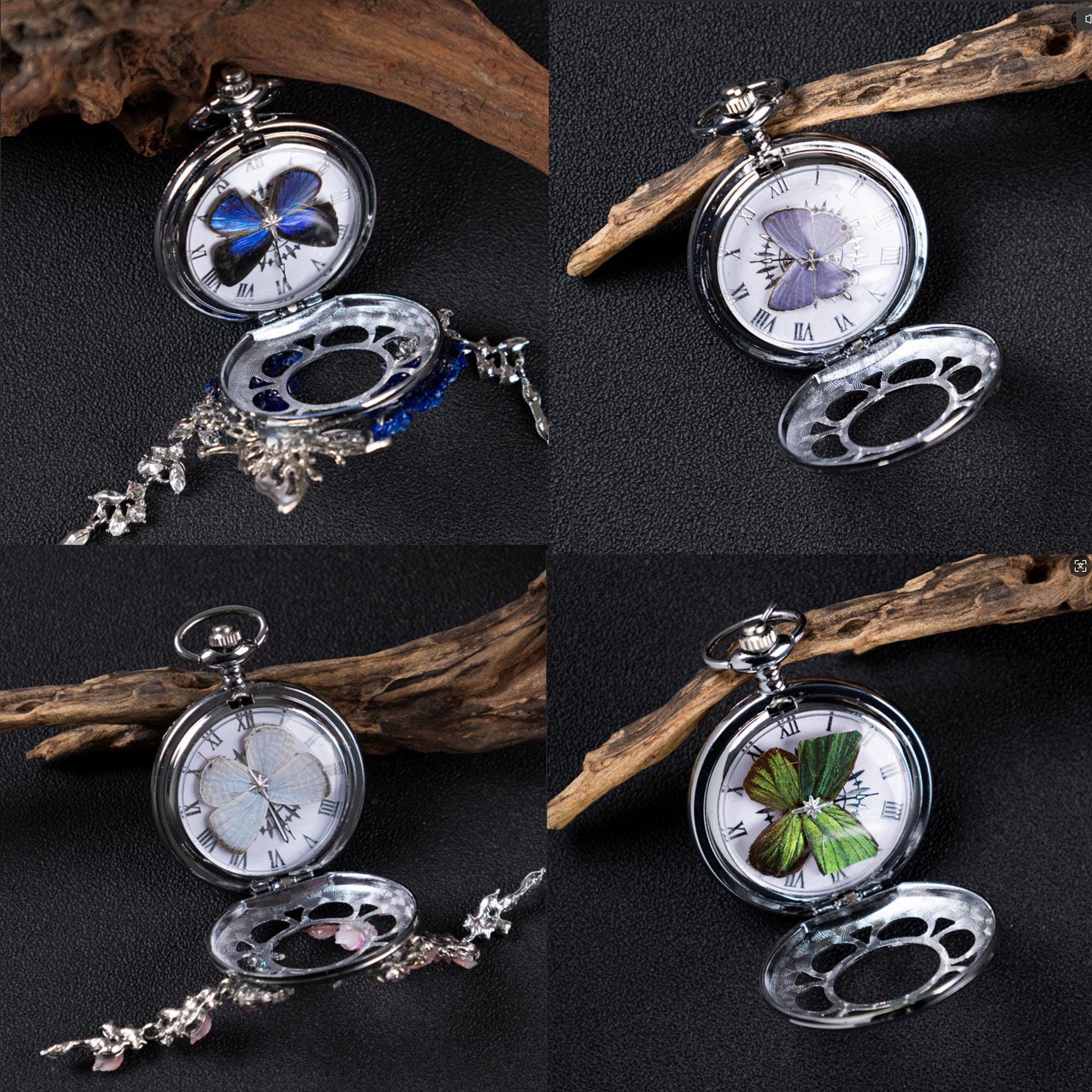 Oryeia Handmade Custom Winter Butterfly Pocket Watch Necklace Preserved Flower Pendant
