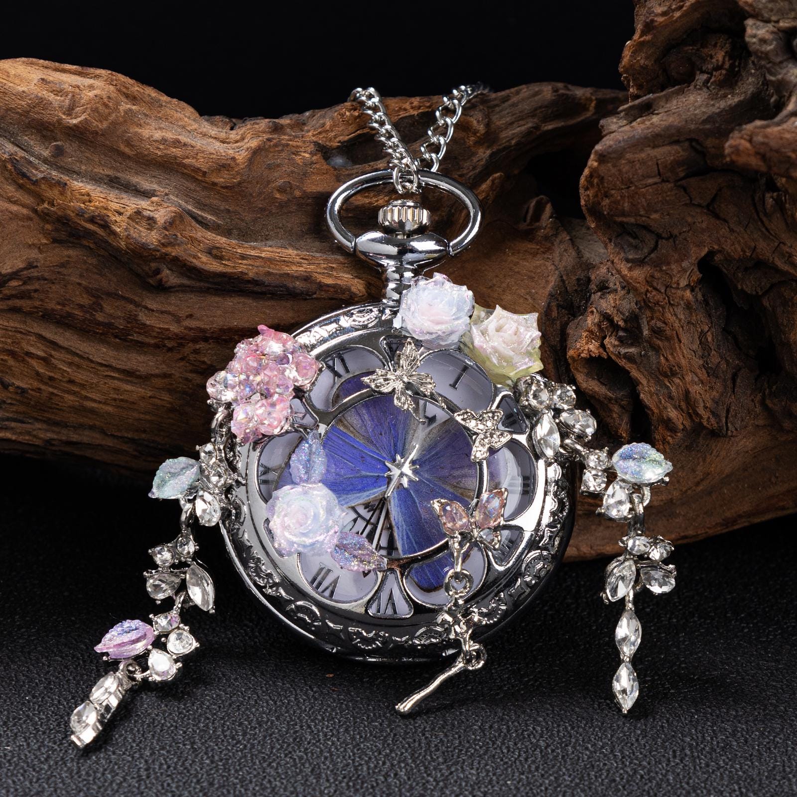 Oryeia Handmade Custom Winter Butterfly Pocket Watch Necklace Preserved Flower Pendant