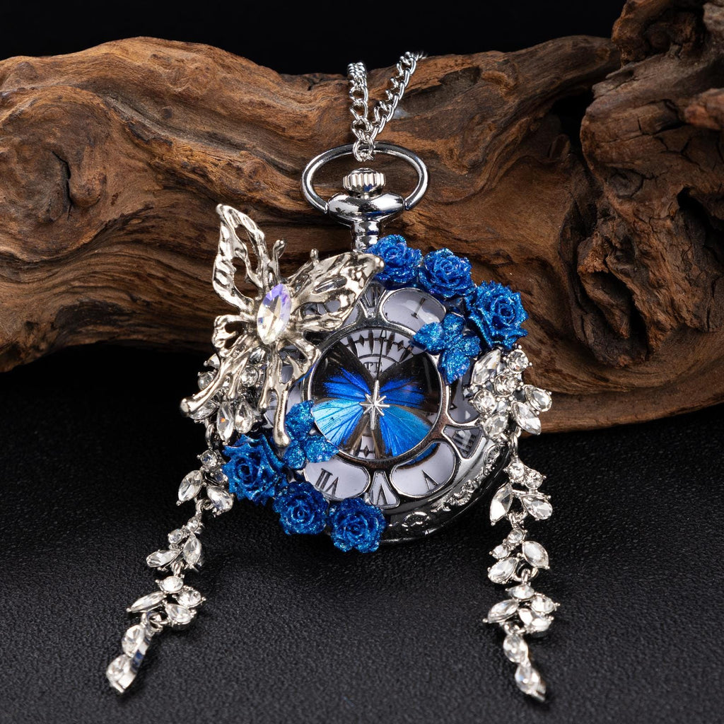 Oryeia Handmade Custom Winter Butterfly Pocket Watch Necklace Preserved Flower Pendant