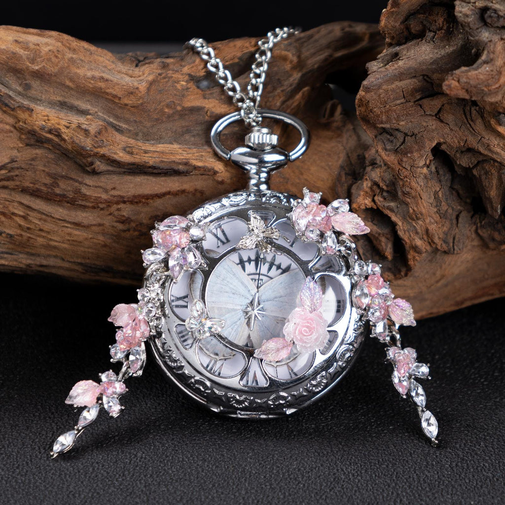 Oryeia Handmade Custom Winter Butterfly Pocket Watch Necklace Preserved Flower Pendant