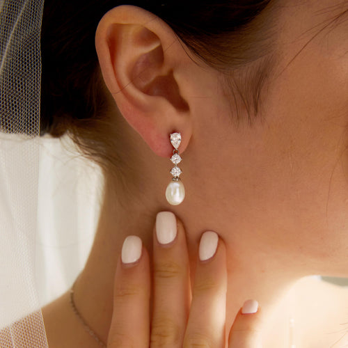 EcloraTreasures Diamond Pearl Drop Earrings Freshwater Pearl CZ