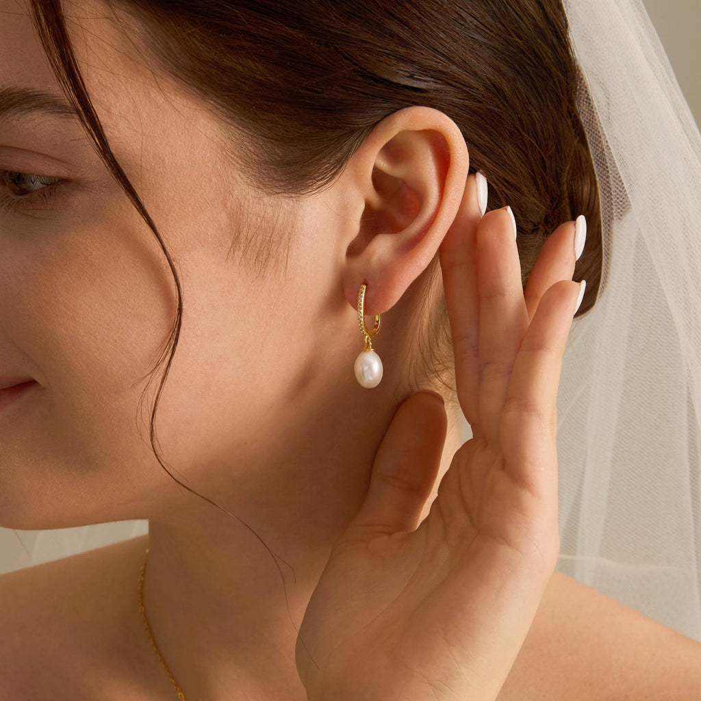 EcloraTreasures Gold Pearl Hoop Earrings with Freshwater Pearl Drop