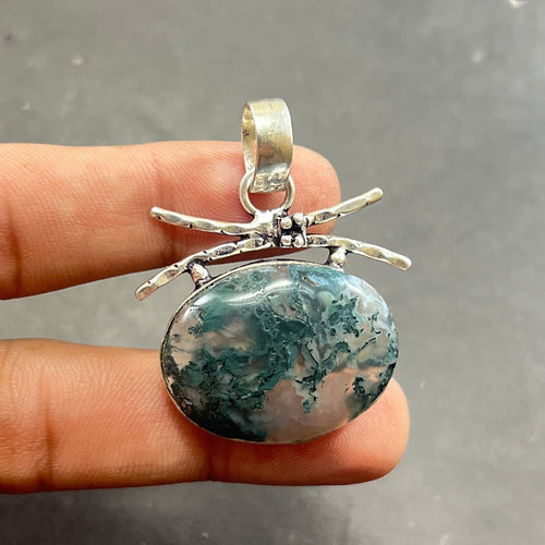 EkkJewels Handmade Moss Agate Pendant 925 Sterling Silver Gemstone Jewelry