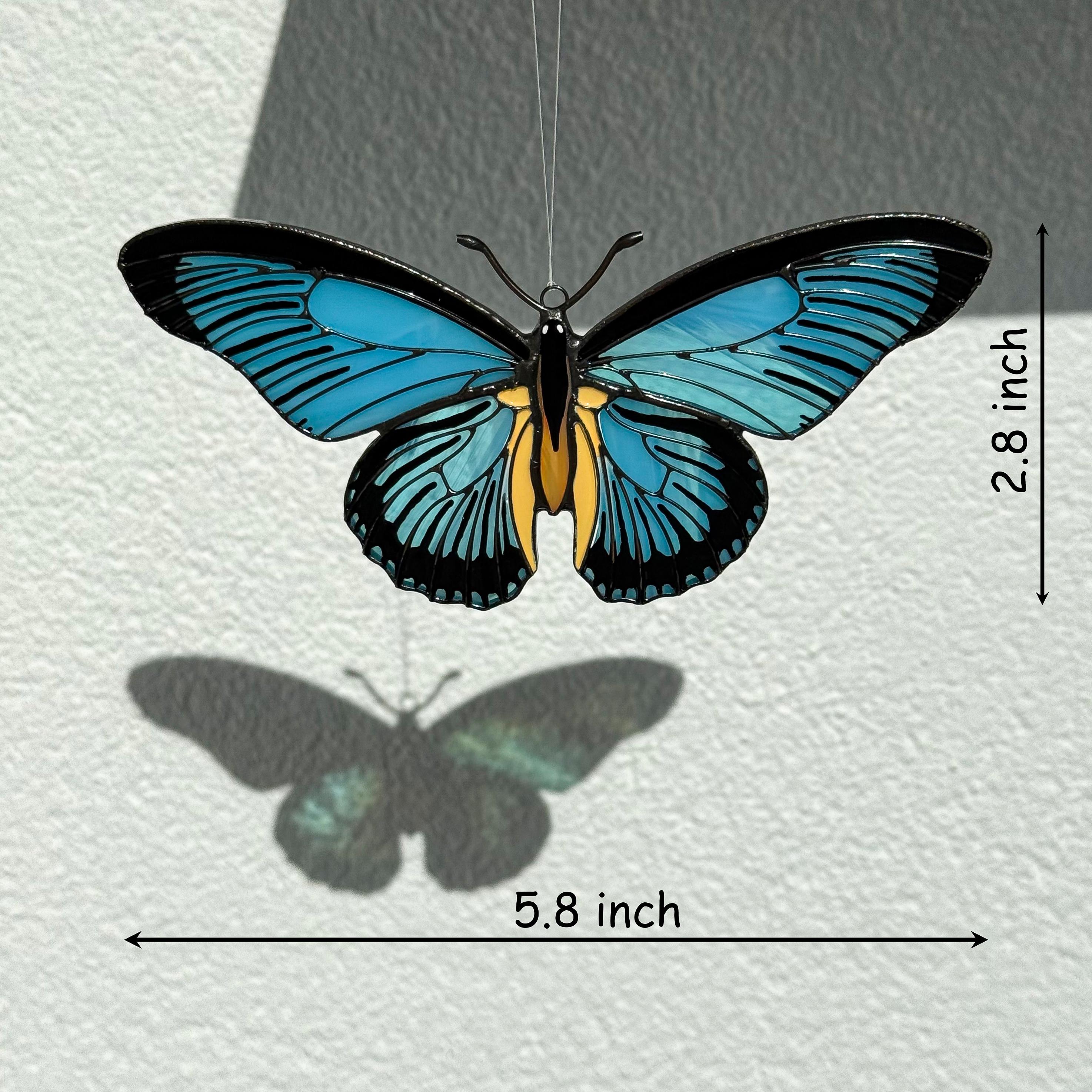 SunStainedGlassUA Blue Swallowtail Butterfly Stained Glass Suncatcher Handmade