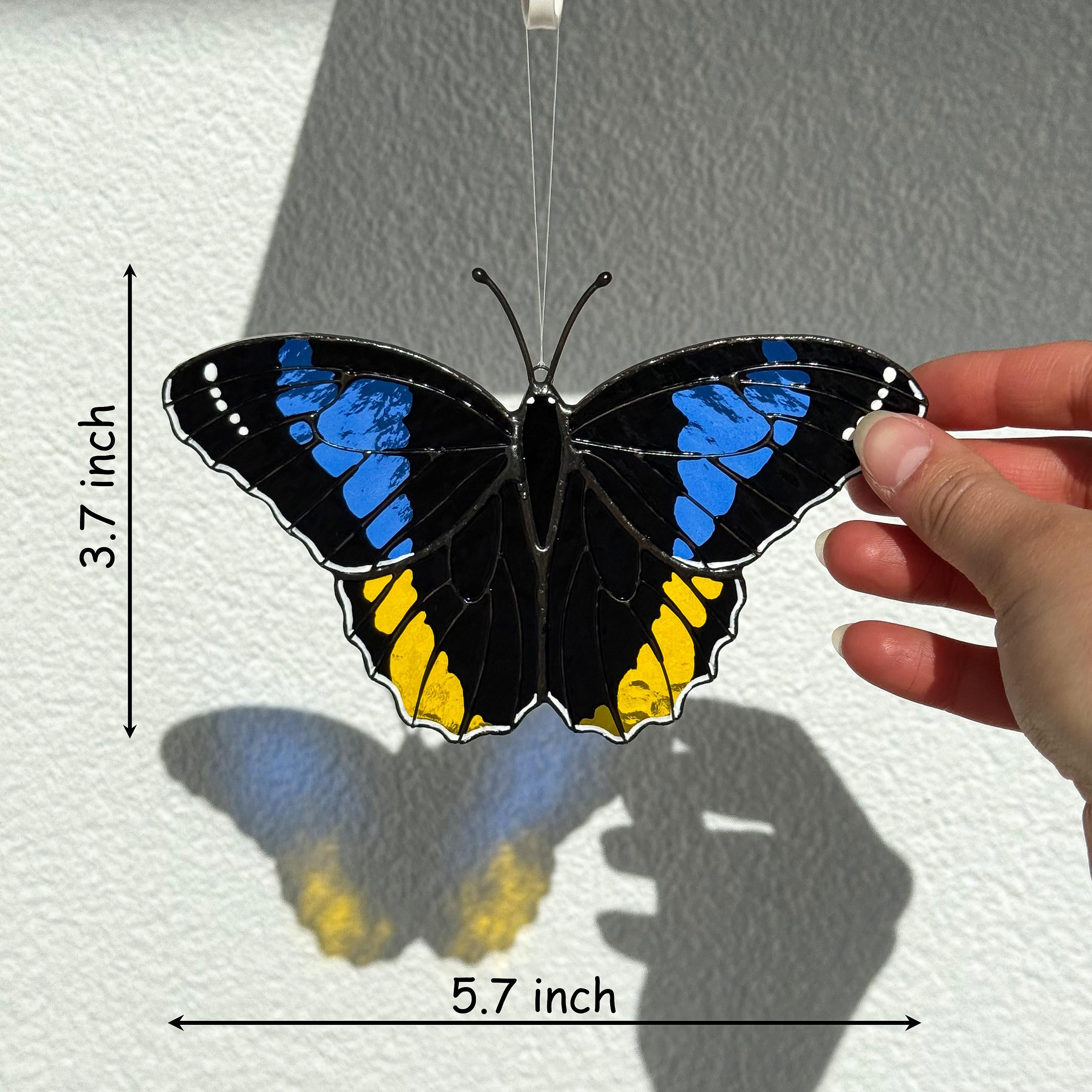 Handmade Yellow Owl Butterfly Stained Glass Suncatcher 5.7in