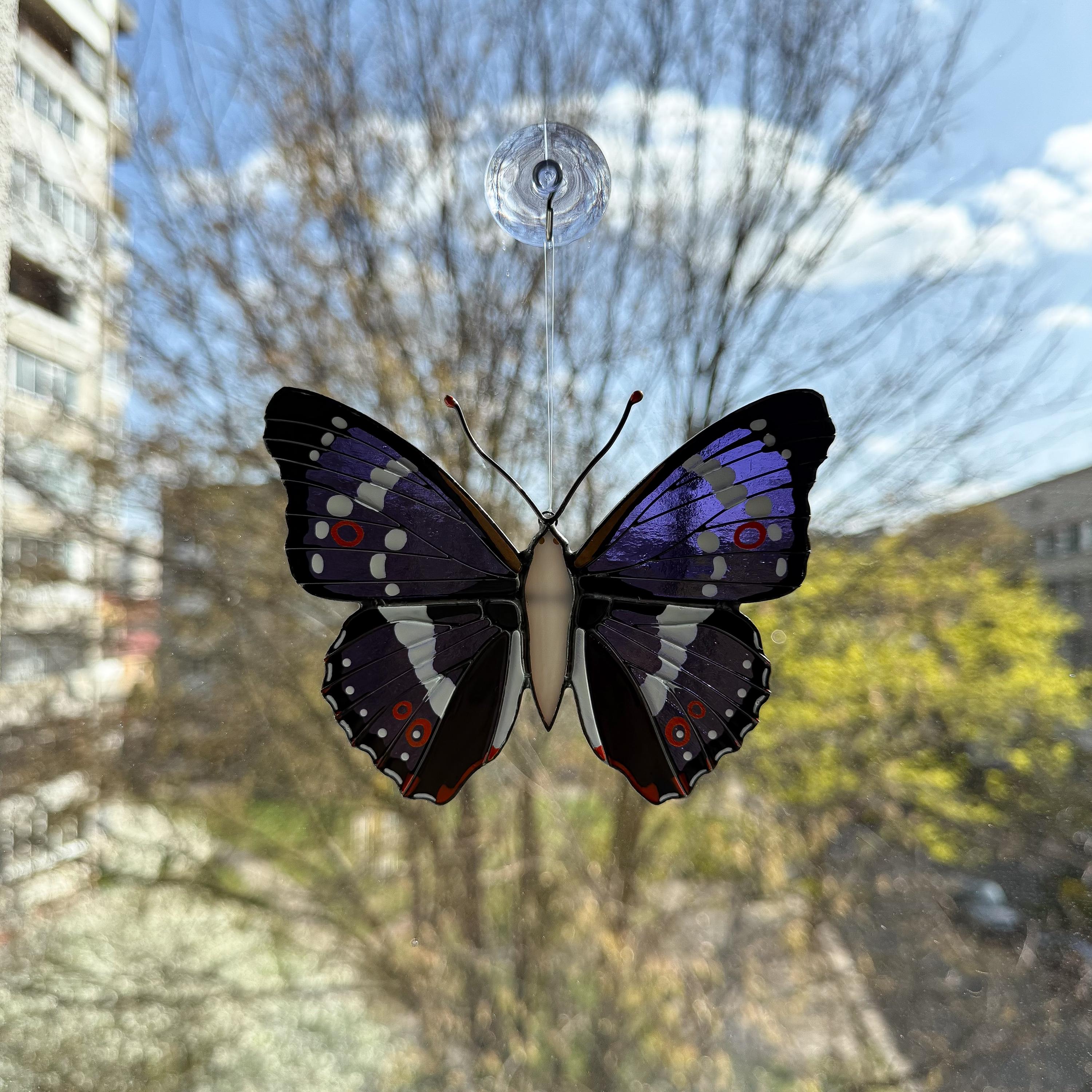 SunStainedGlassUA Purple Emperor Butterfly Stained Glass Suncatcher 5.5in