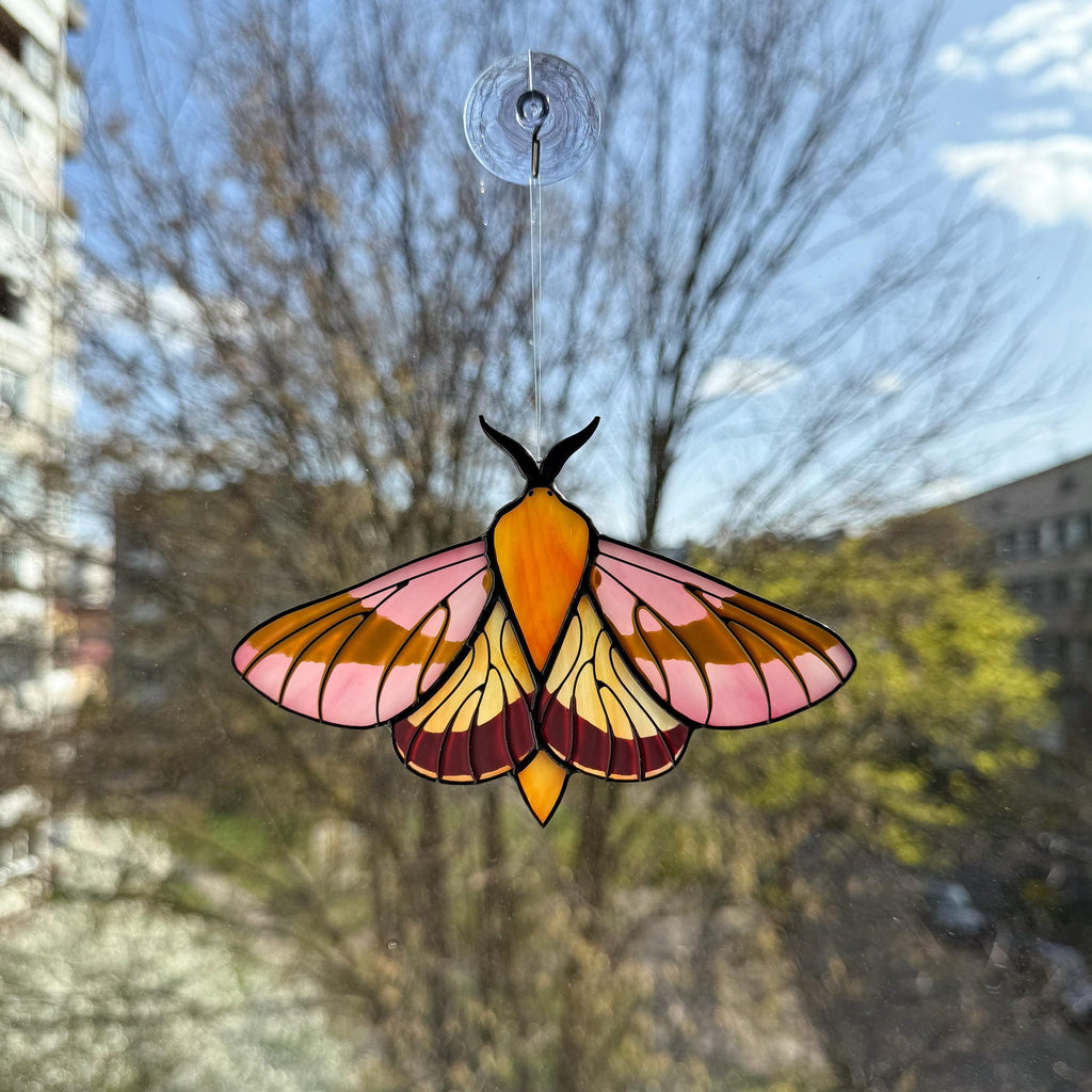 SunStainedGlassUA Rosy Maple Moth Stained Glass Suncatcher 5.6in