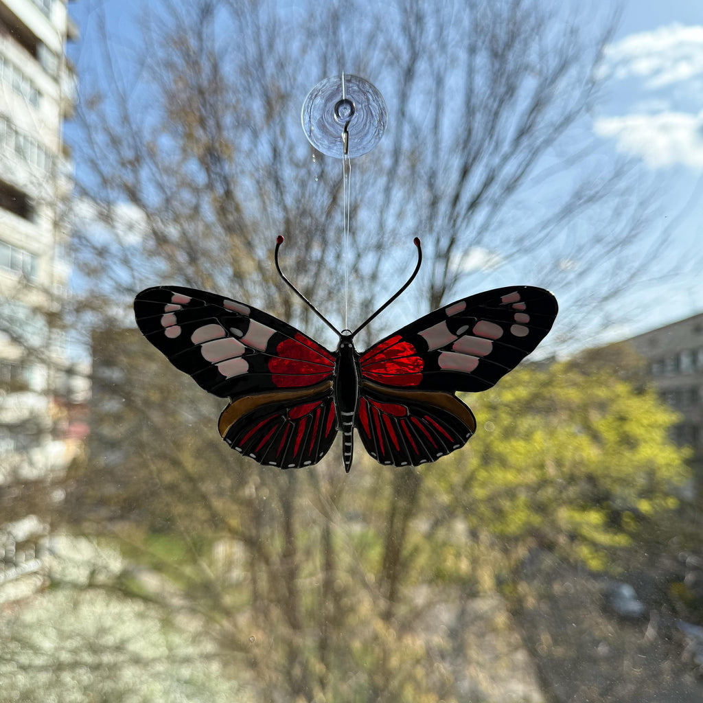 SunStainedGlassUA Burney's Longwing Butterfly Stained Glass Suncatcher 6in Red