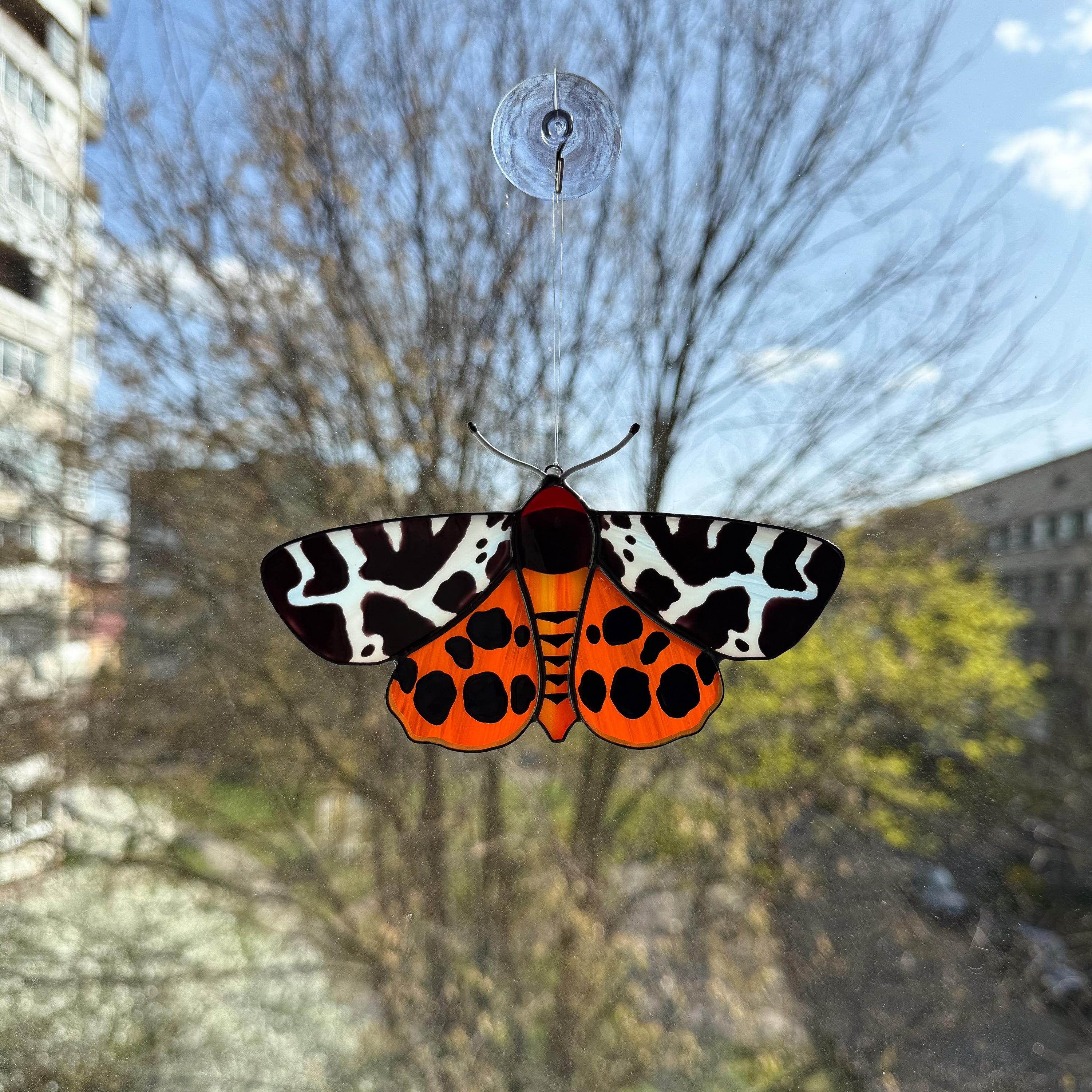 SunStainedGlassUA Garden Tiger Moth Stained Glass Suncatcher 5.6in