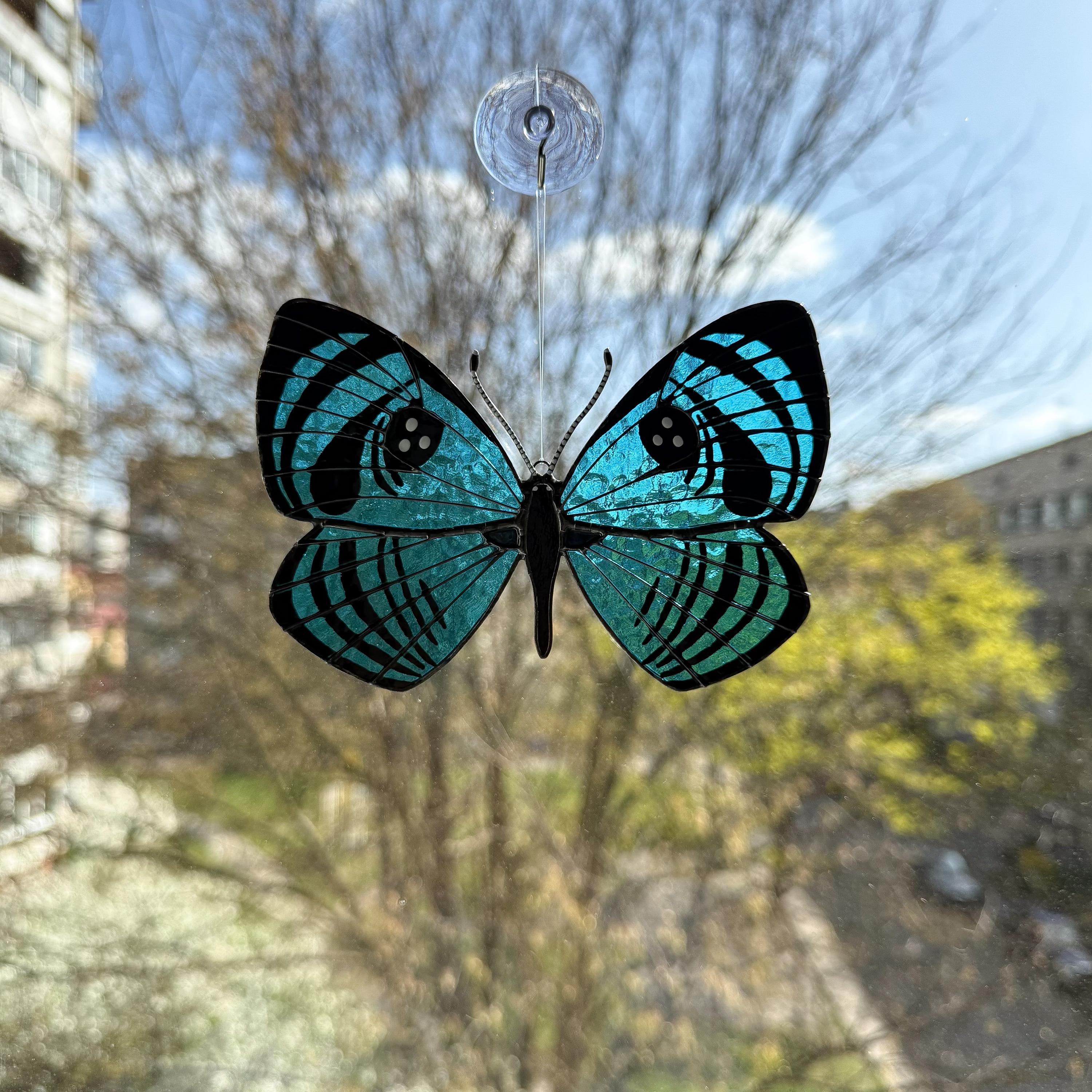SunStainedGlassUA Croesus Eyemark Butterfly Suncatcher Hand-Painted Blue 5.6in