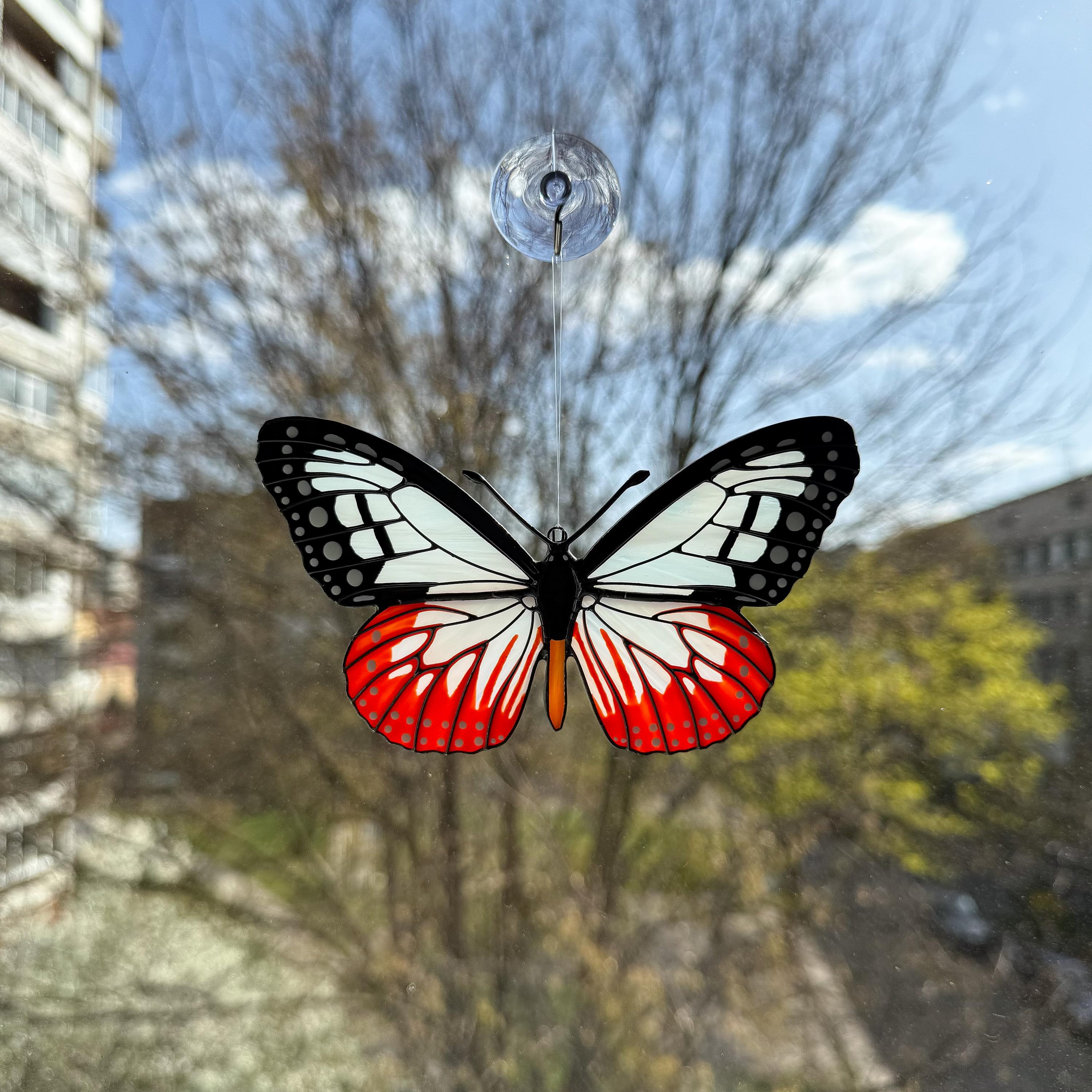 SunStainedGlassUA Hand-Painted Stained Glass Chestnut Tiger Butterfly Suncatcher