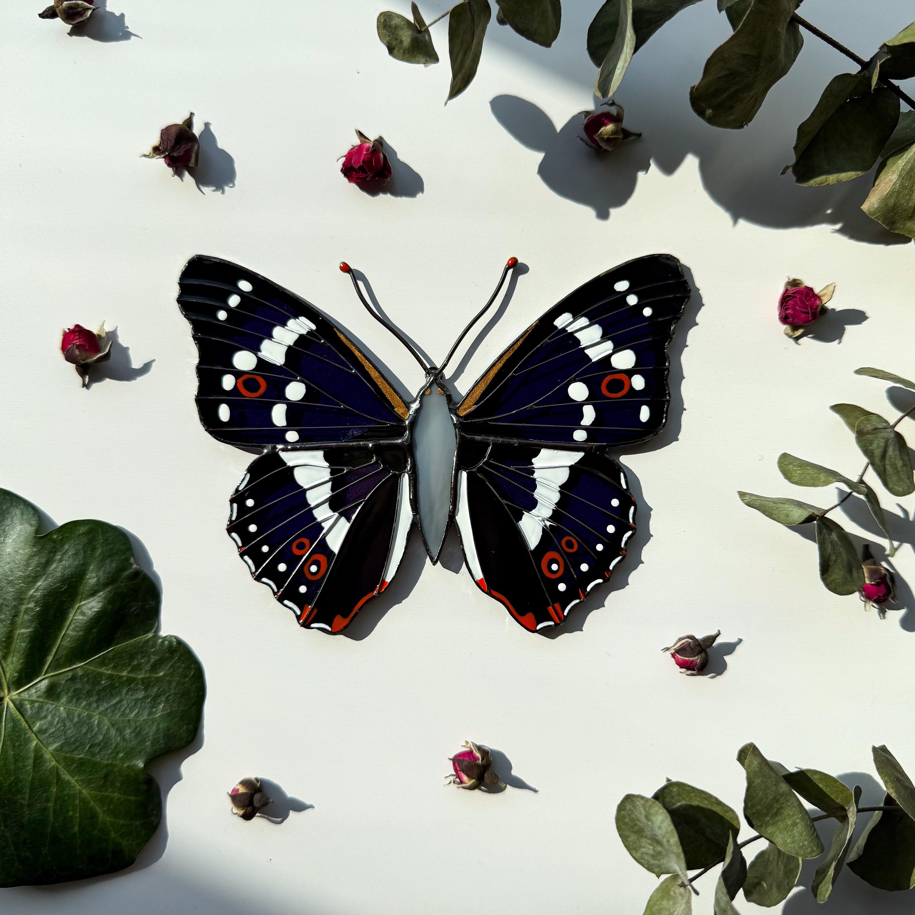 SunStainedGlassUA Purple Emperor Butterfly Stained Glass Suncatcher 5.5in