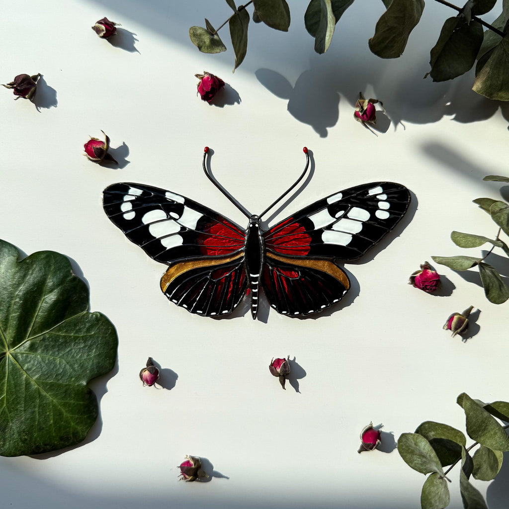 SunStainedGlassUA Burney's Longwing Butterfly Stained Glass Suncatcher 6in Red