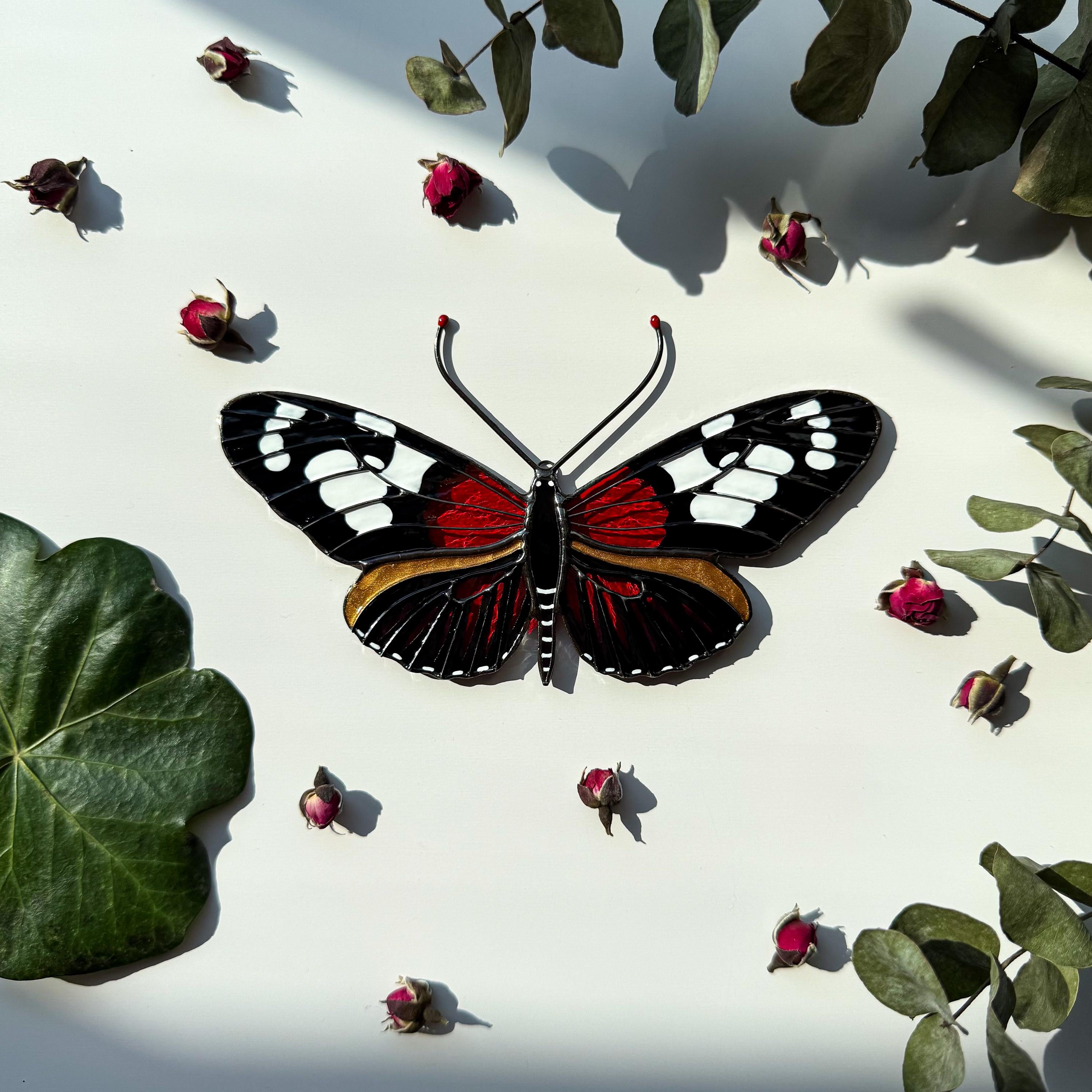 SunStainedGlassUA Burney's Longwing Butterfly Stained Glass Suncatcher 6in Red