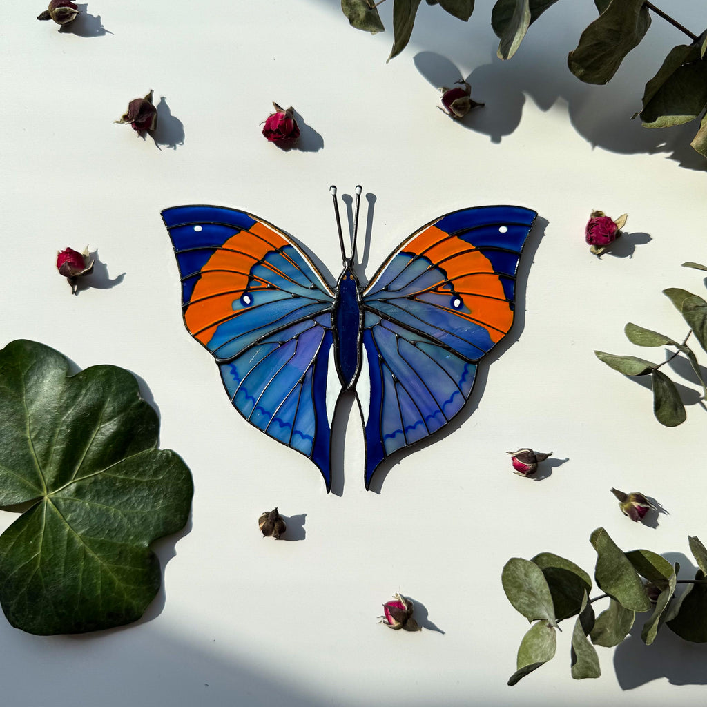 SunStainedGlassUA Orange Oakleaf Stained Glass Butterfly Suncatcher