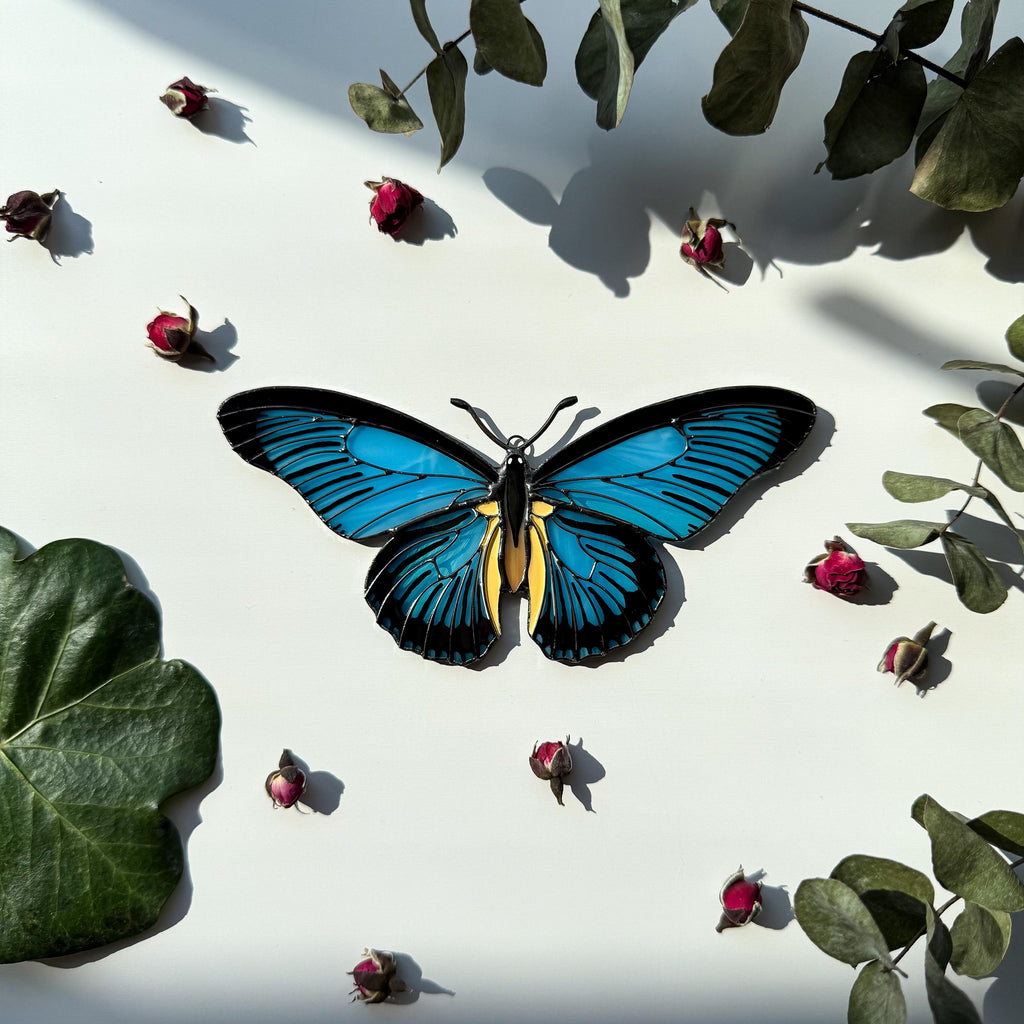 SunStainedGlassUA Blue Swallowtail Butterfly Stained Glass Suncatcher Handmade