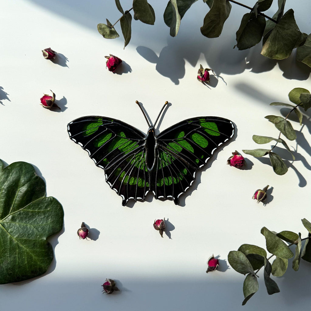 Malachite Butterfly Stained Glass Suncatcher Hand-Painted Green Home Decor