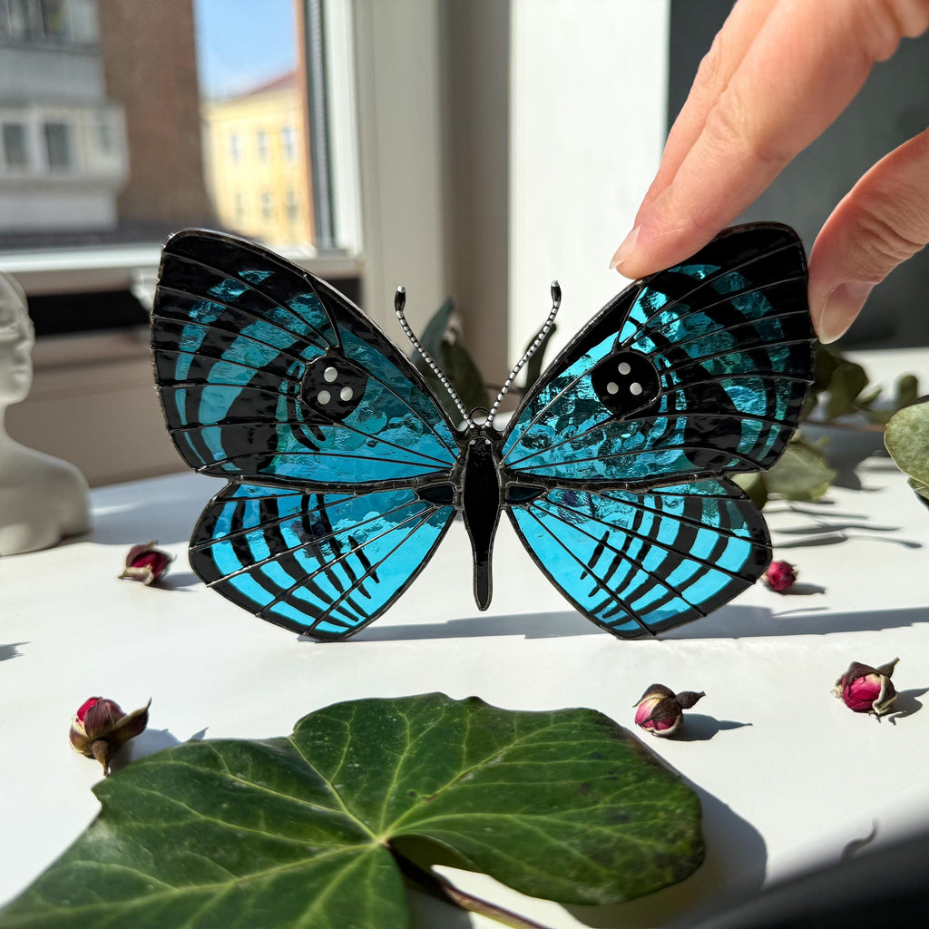 SunStainedGlassUA Croesus Eyemark Butterfly Suncatcher Hand-Painted Blue 5.6in