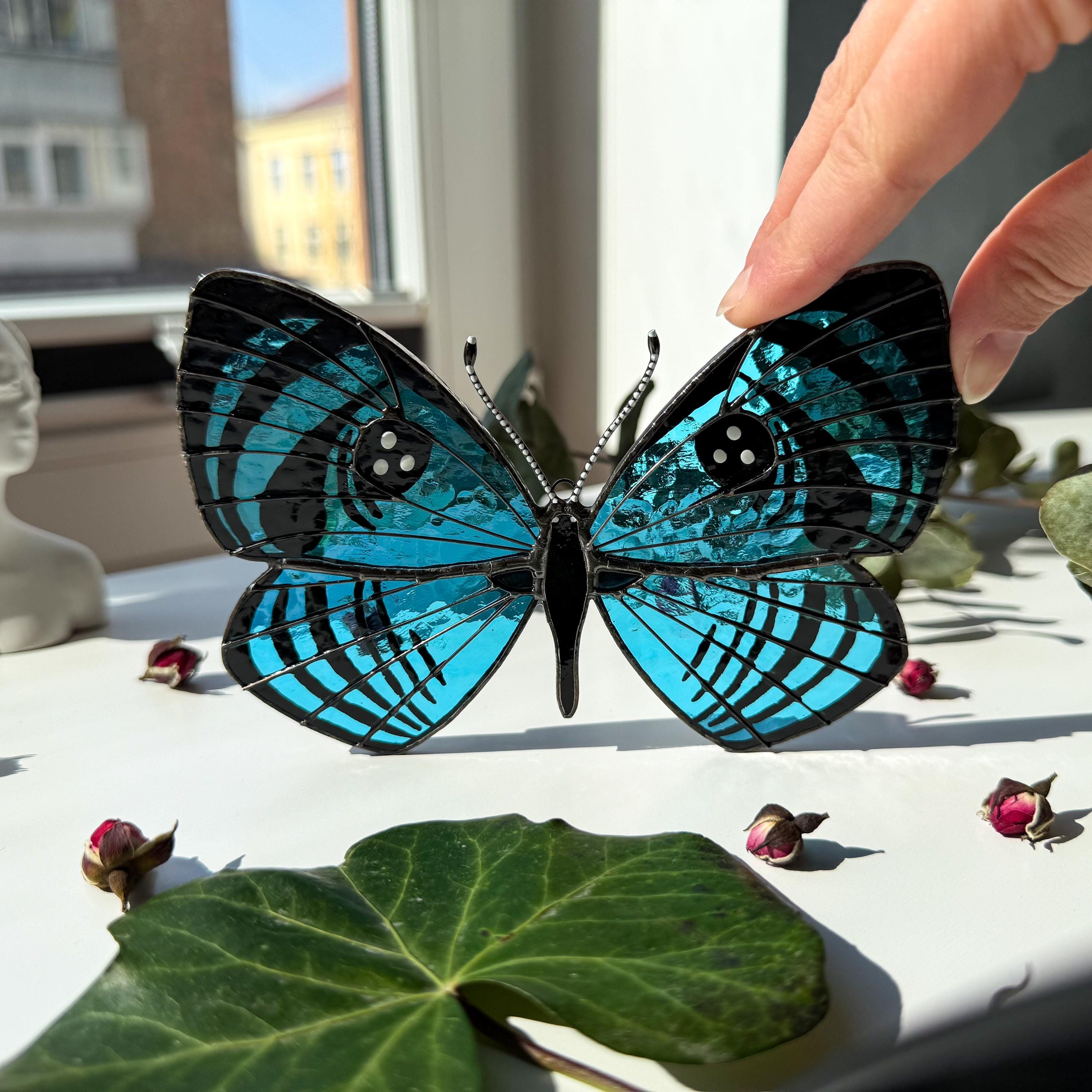 SunStainedGlassUA Croesus Eyemark Butterfly Suncatcher Hand-Painted Blue 5.6in