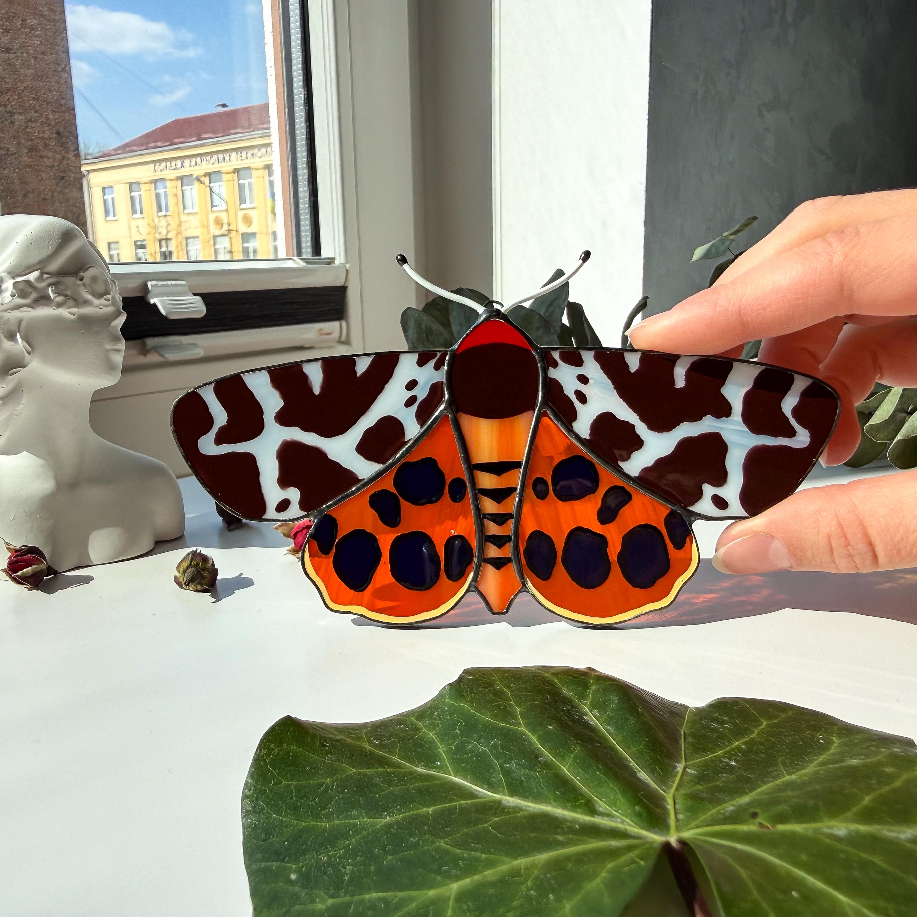 SunStainedGlassUA Garden Tiger Moth Stained Glass Suncatcher 5.6in