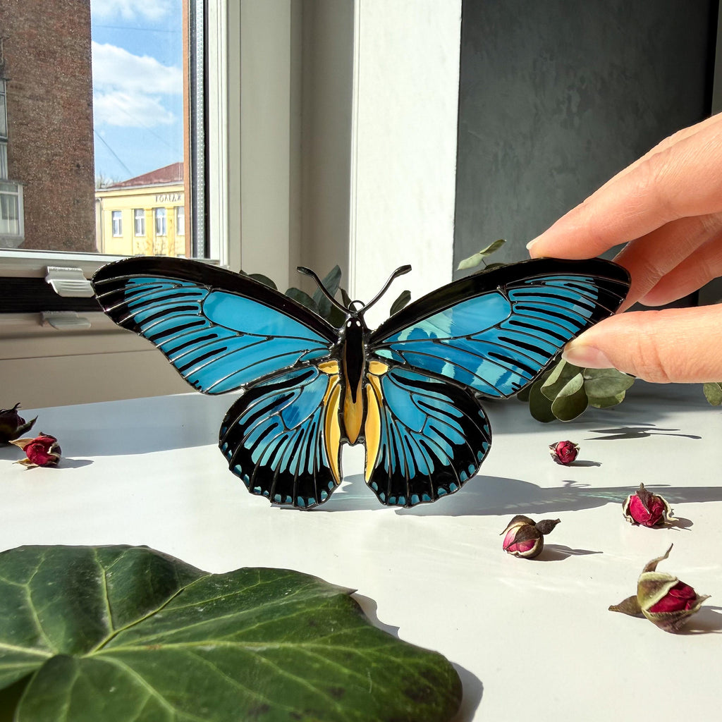 SunStainedGlassUA Blue Swallowtail Butterfly Stained Glass Suncatcher Handmade