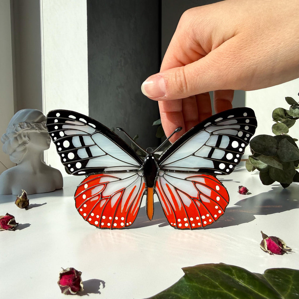 SunStainedGlassUA Hand-Painted Stained Glass Chestnut Tiger Butterfly Suncatcher