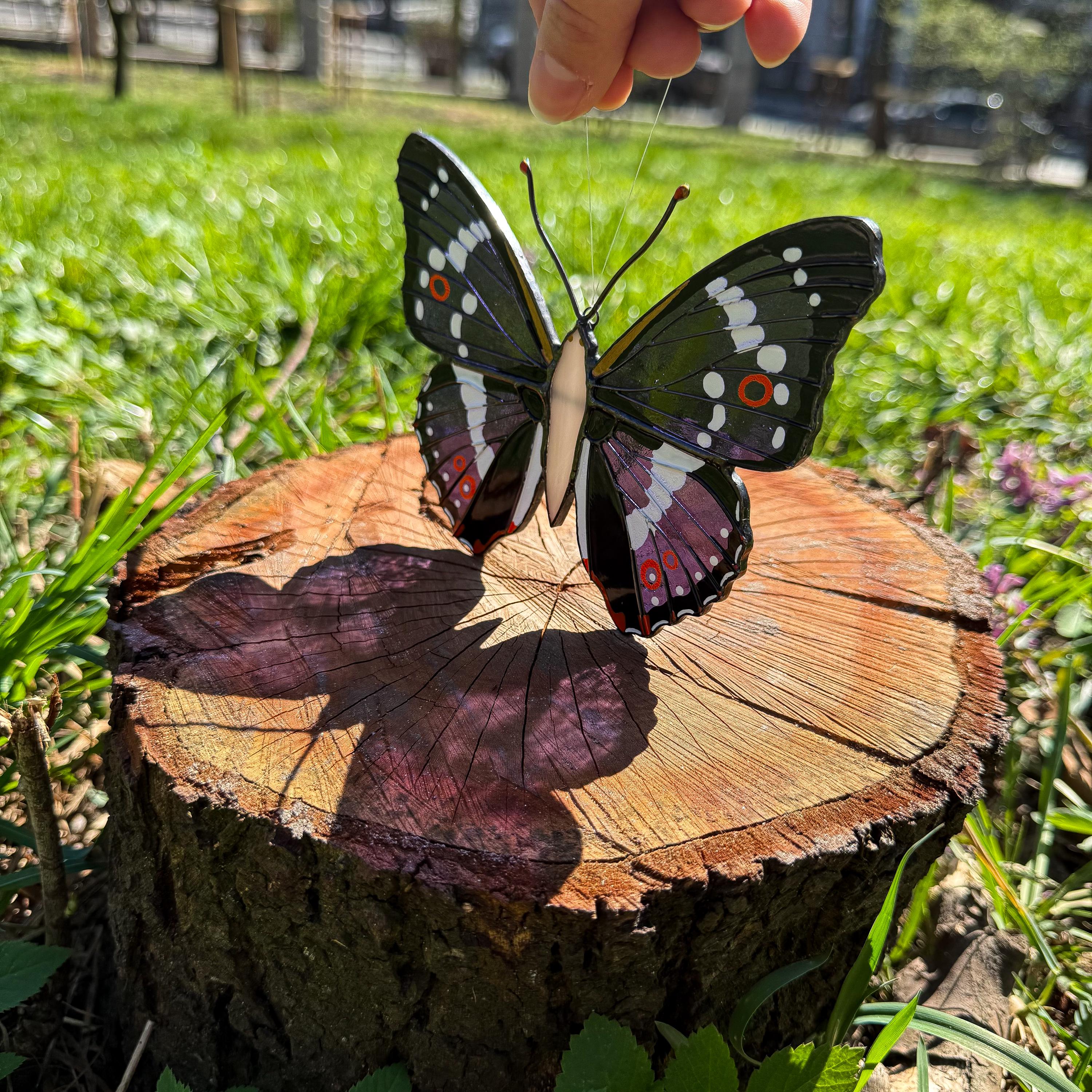 SunStainedGlassUA Purple Emperor Butterfly Stained Glass Suncatcher 5.5in