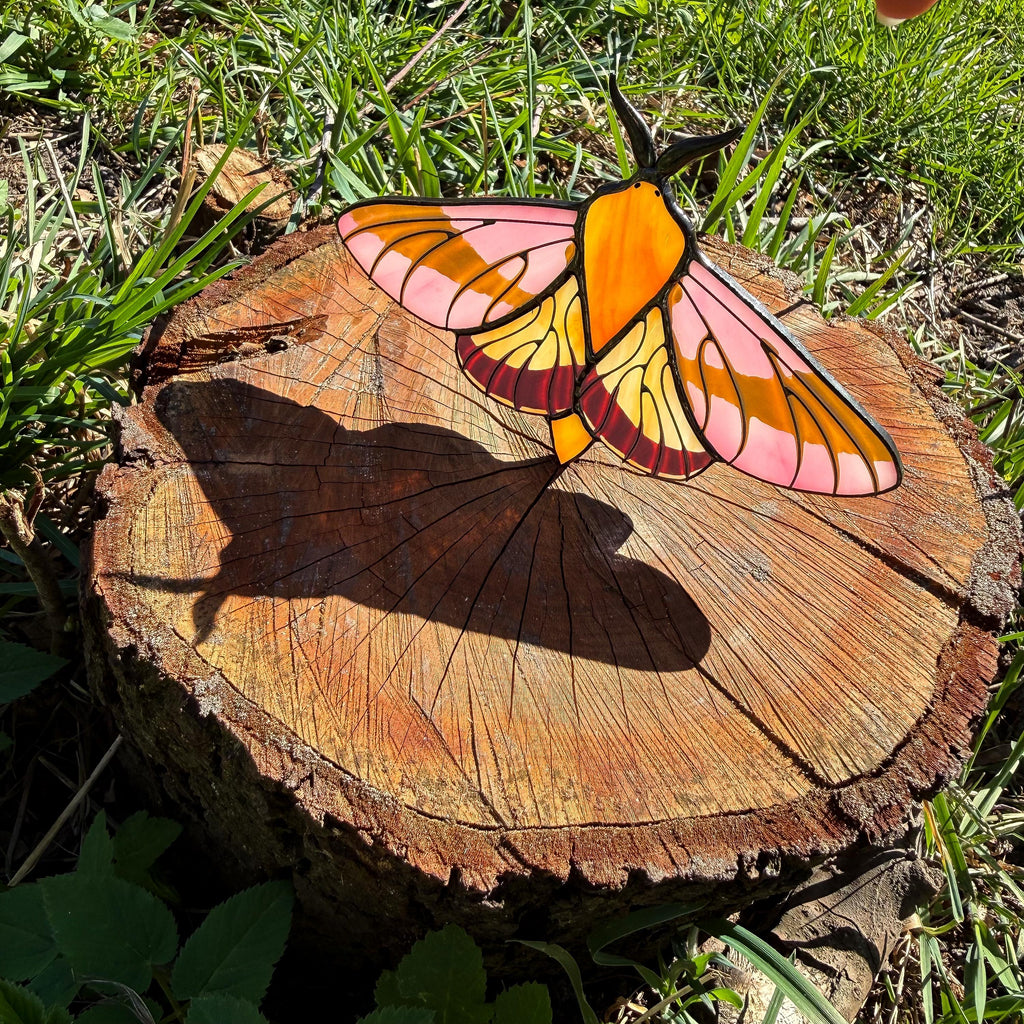 SunStainedGlassUA Rosy Maple Moth Stained Glass Suncatcher 5.6in