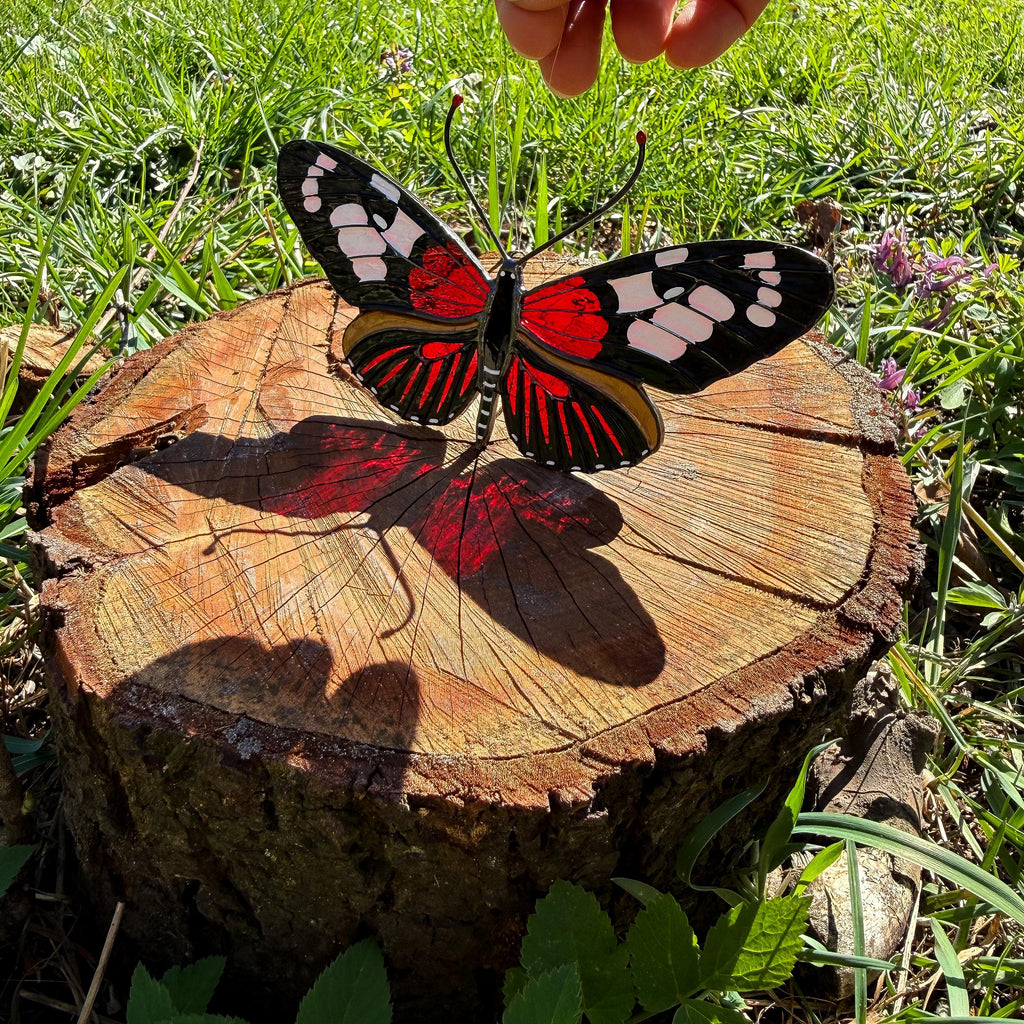 SunStainedGlassUA Burney's Longwing Butterfly Stained Glass Suncatcher 6in Red