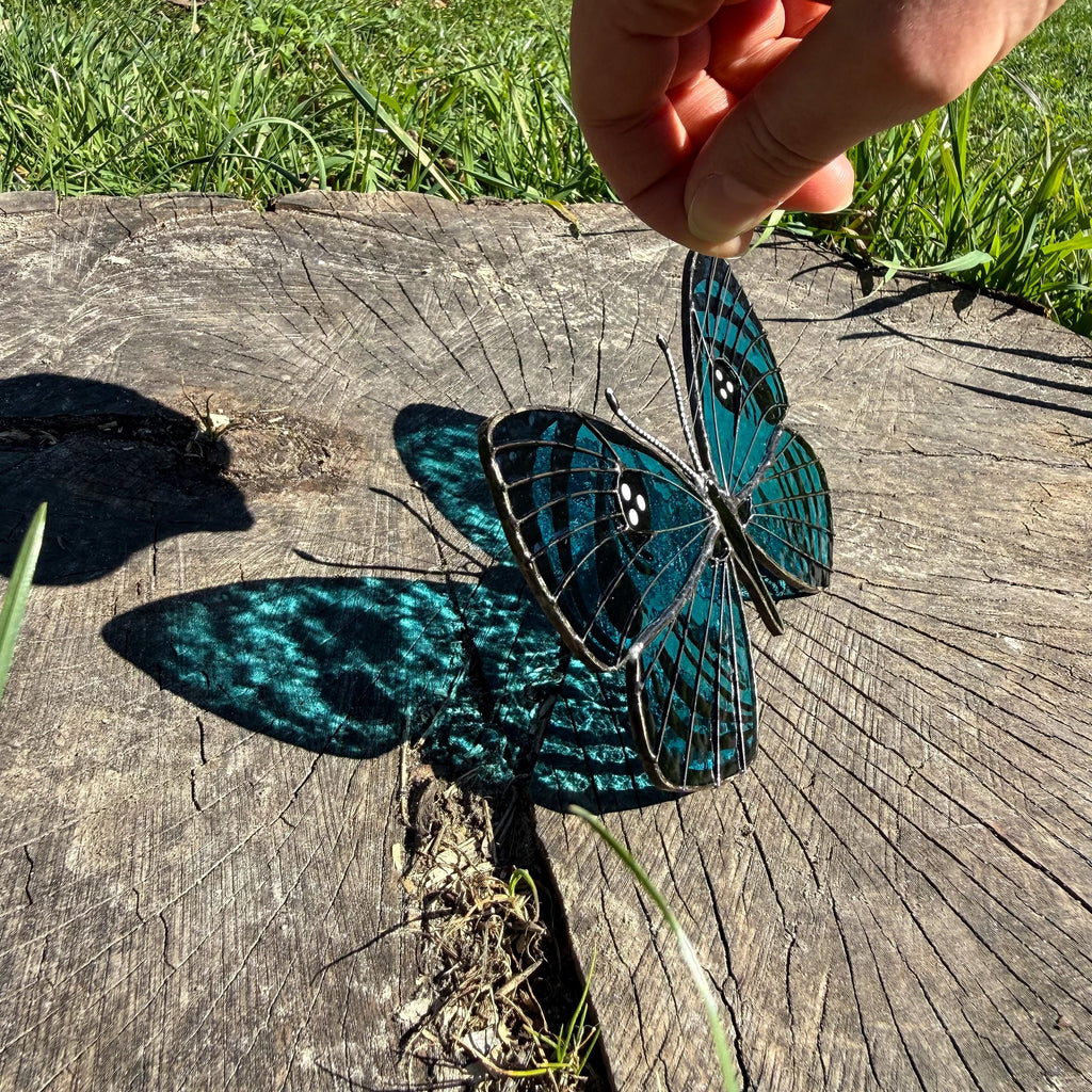 SunStainedGlassUA Croesus Eyemark Butterfly Suncatcher Hand-Painted Blue 5.6in