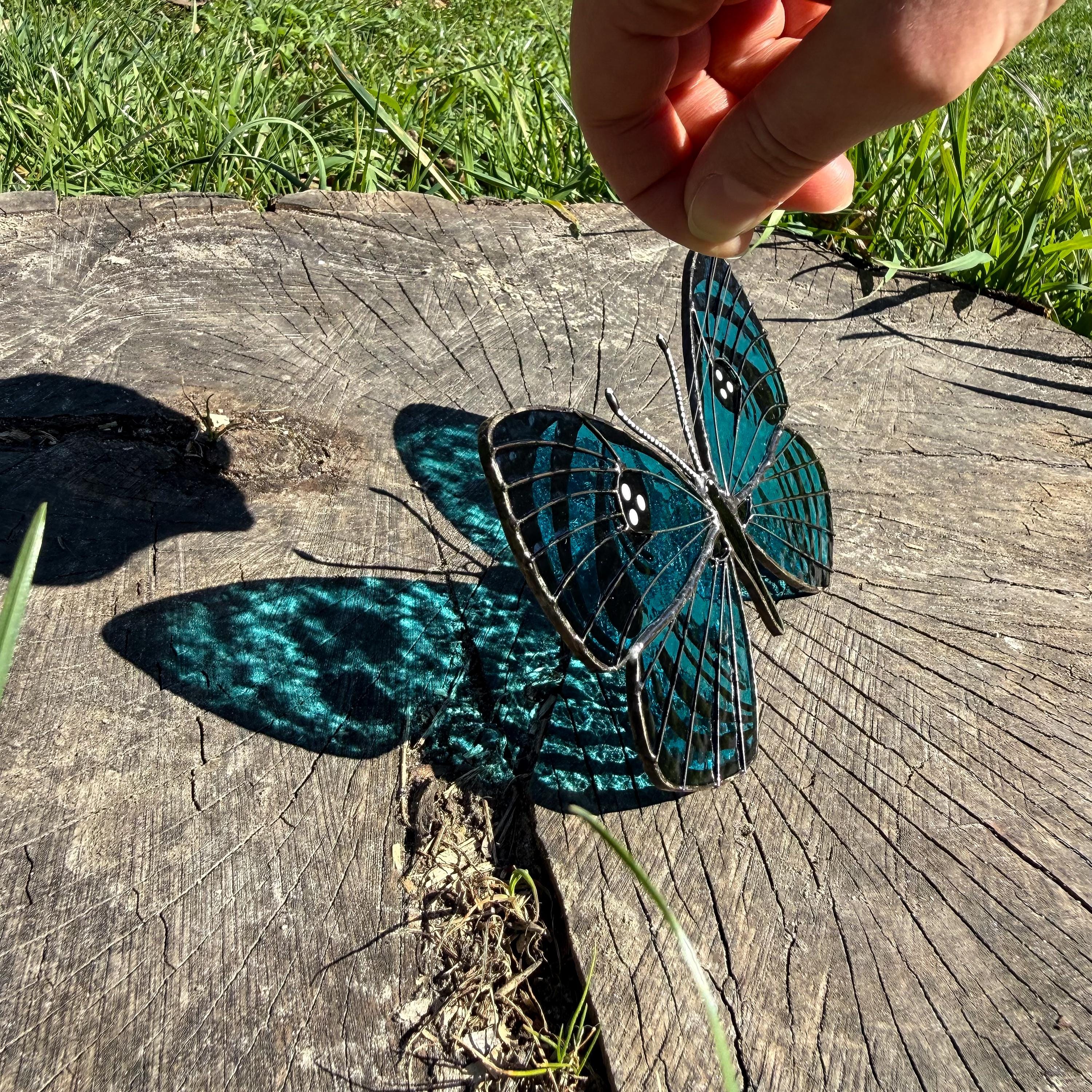 SunStainedGlassUA Croesus Eyemark Butterfly Suncatcher Hand-Painted Blue 5.6in