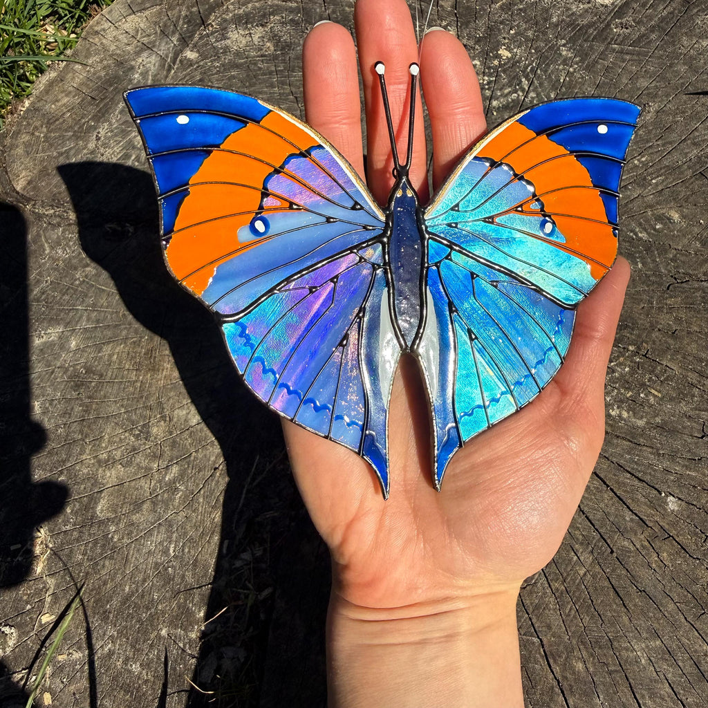SunStainedGlassUA Orange Oakleaf Stained Glass Butterfly Suncatcher