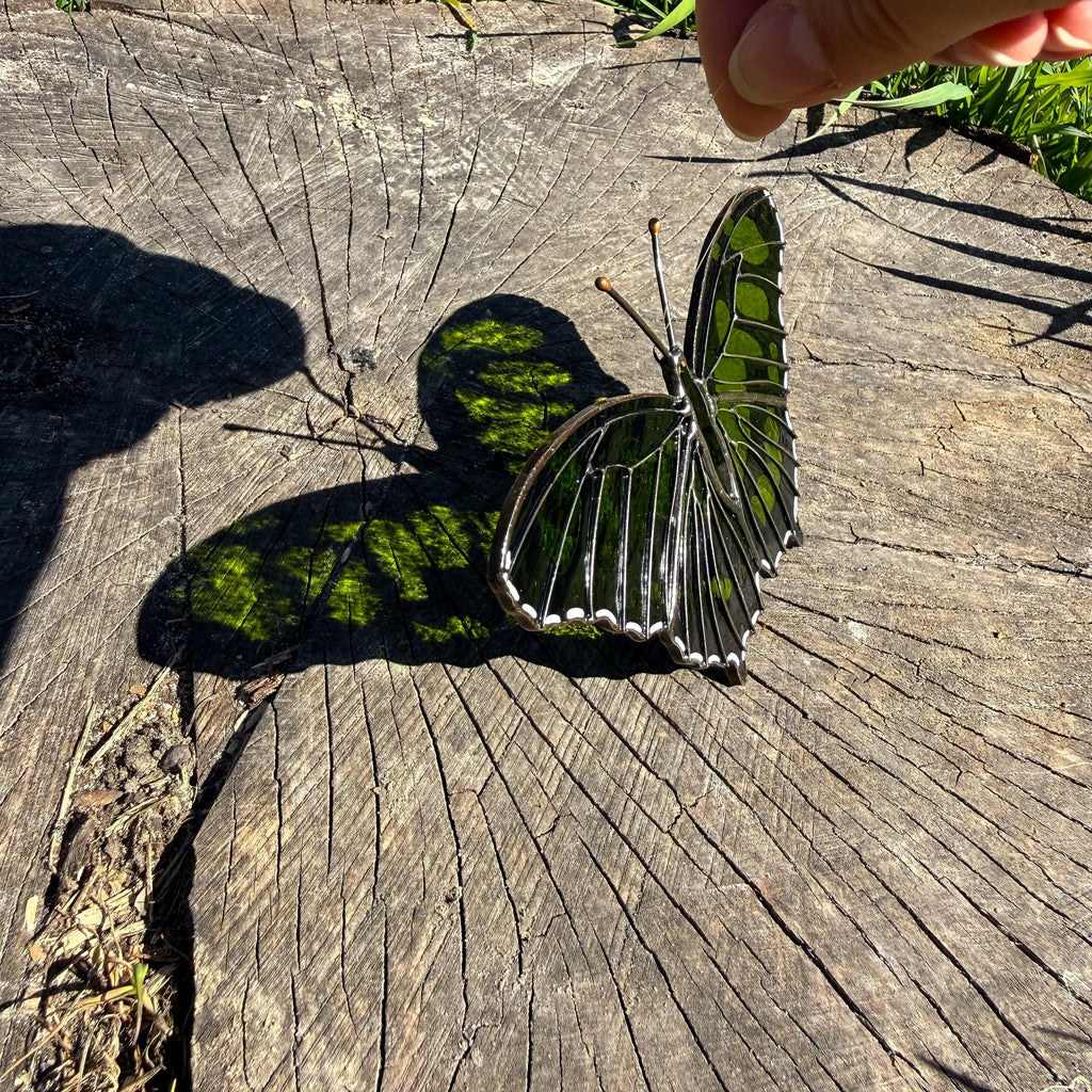 Malachite Butterfly Stained Glass Suncatcher Hand-Painted Green Home Decor