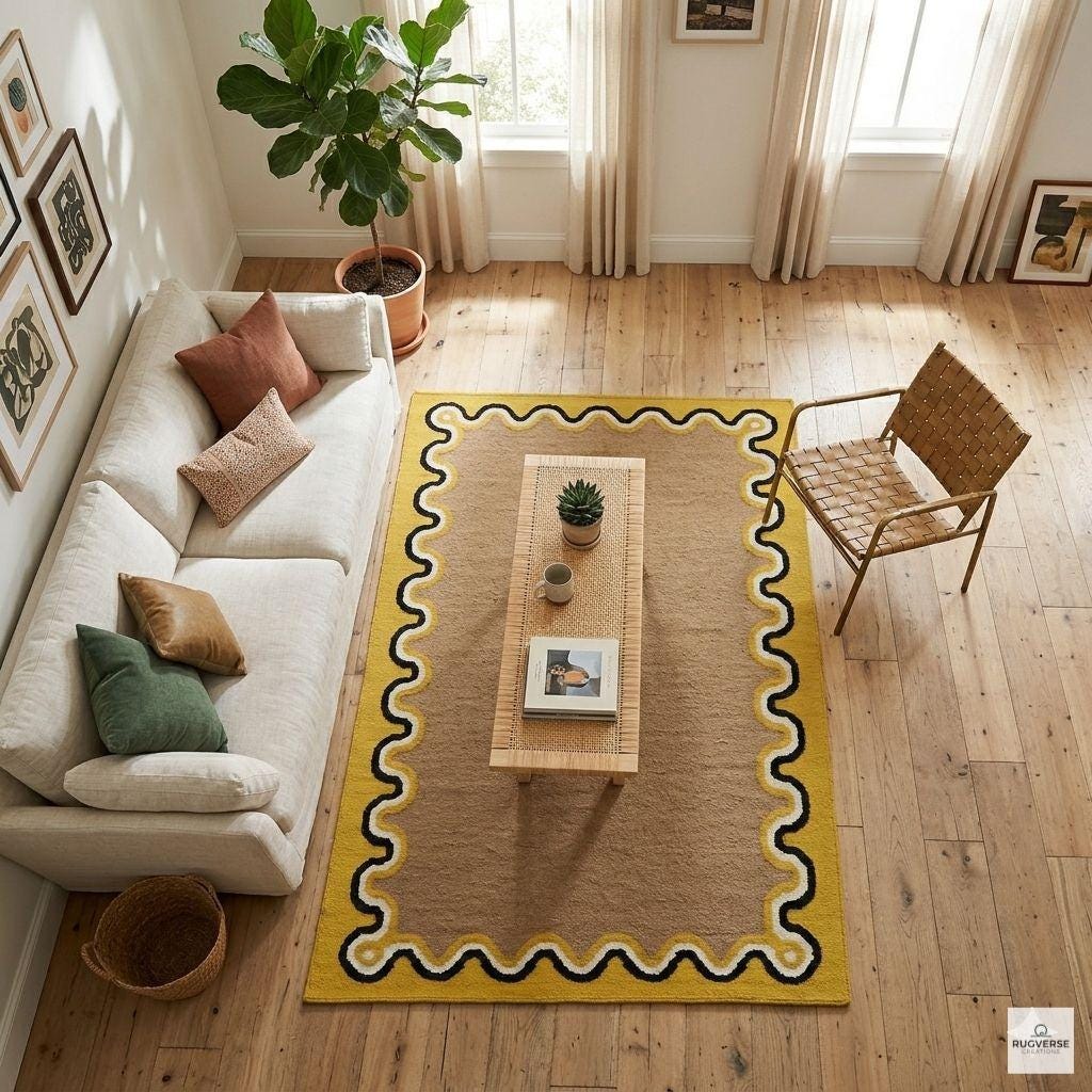 RugverseCreations Hand-Tufted Wool Area Rug Tan Yellow Scalloped Border