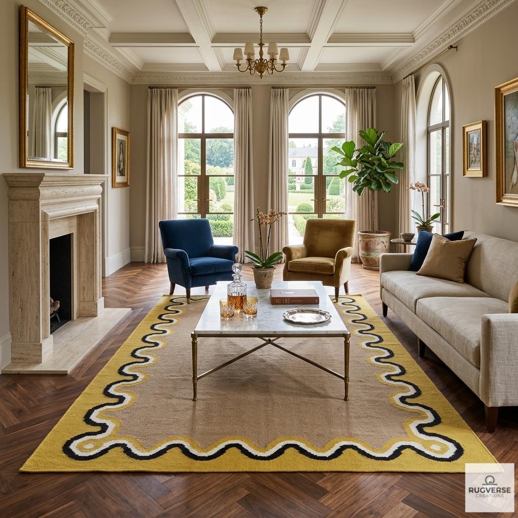 RugverseCreations Hand-Tufted Wool Area Rug Tan Yellow Scalloped Border