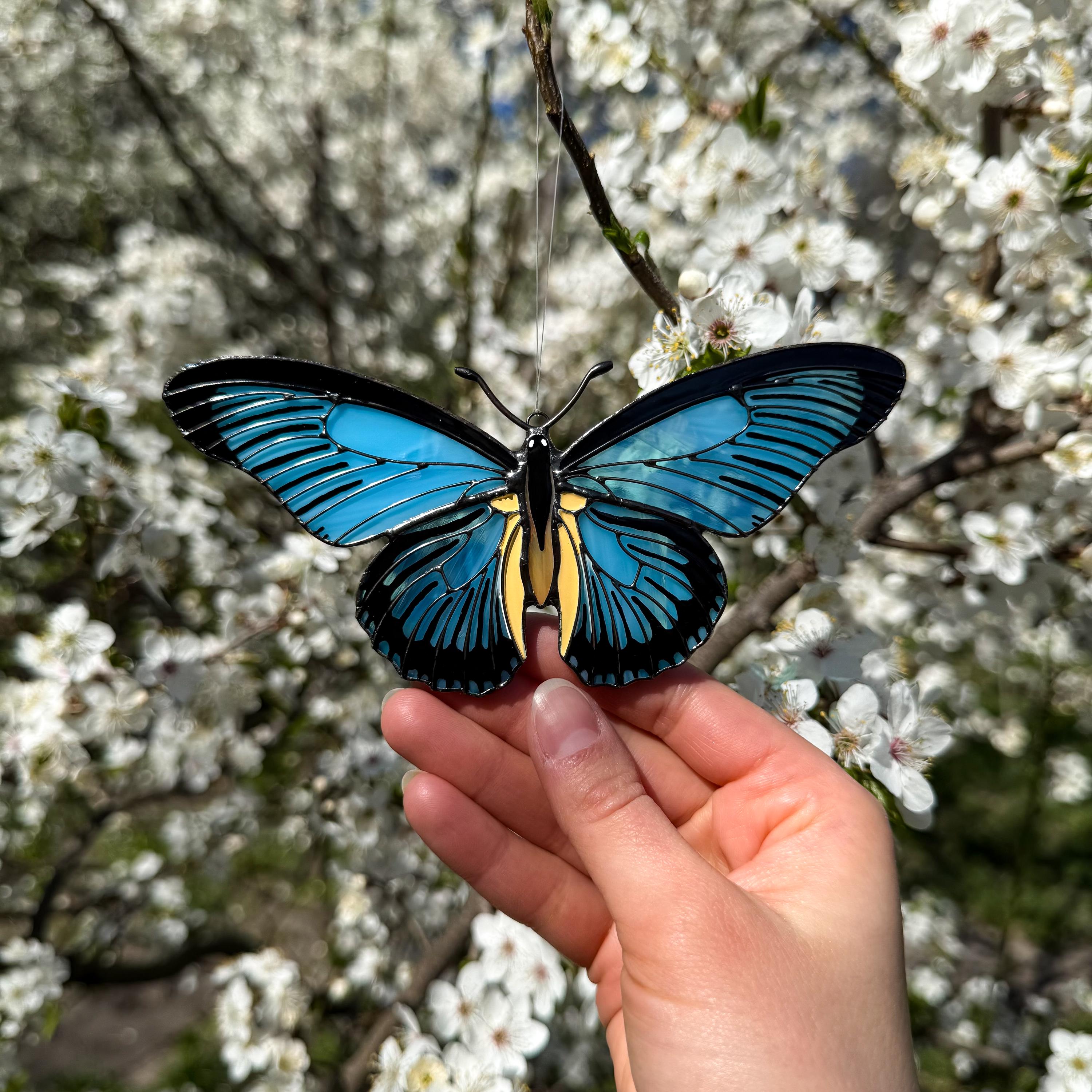 SunStainedGlassUA Blue Swallowtail Butterfly Stained Glass Suncatcher Handmade