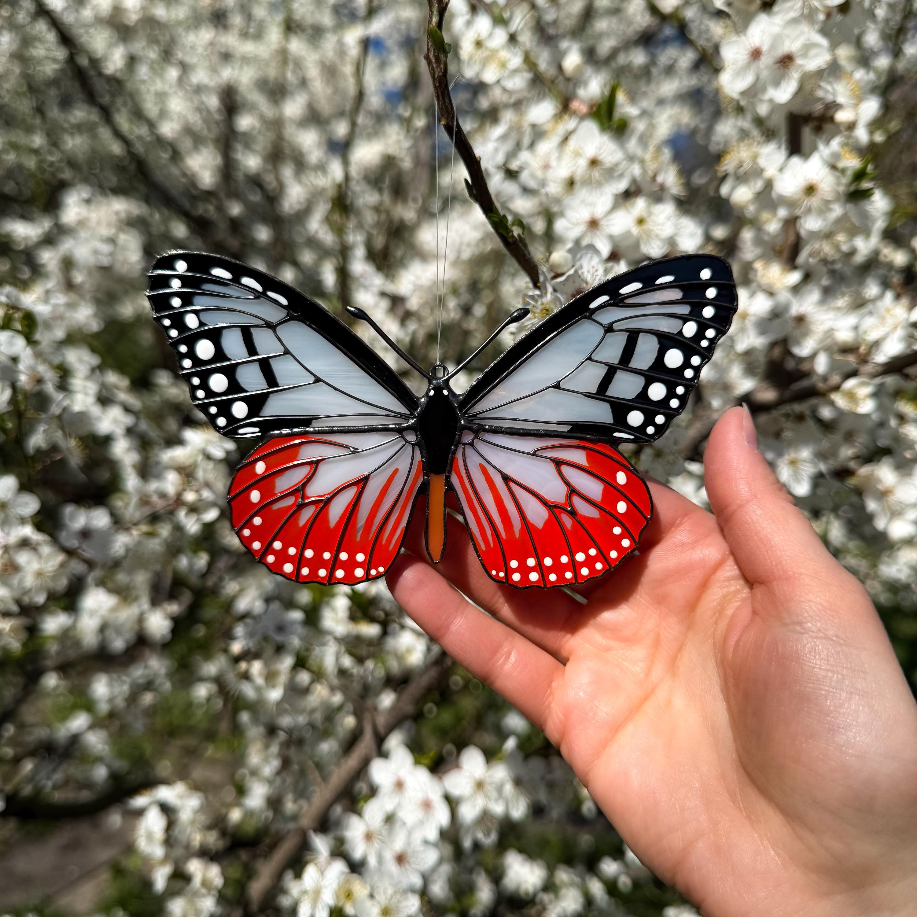 SunStainedGlassUA Hand-Painted Stained Glass Chestnut Tiger Butterfly Suncatcher
