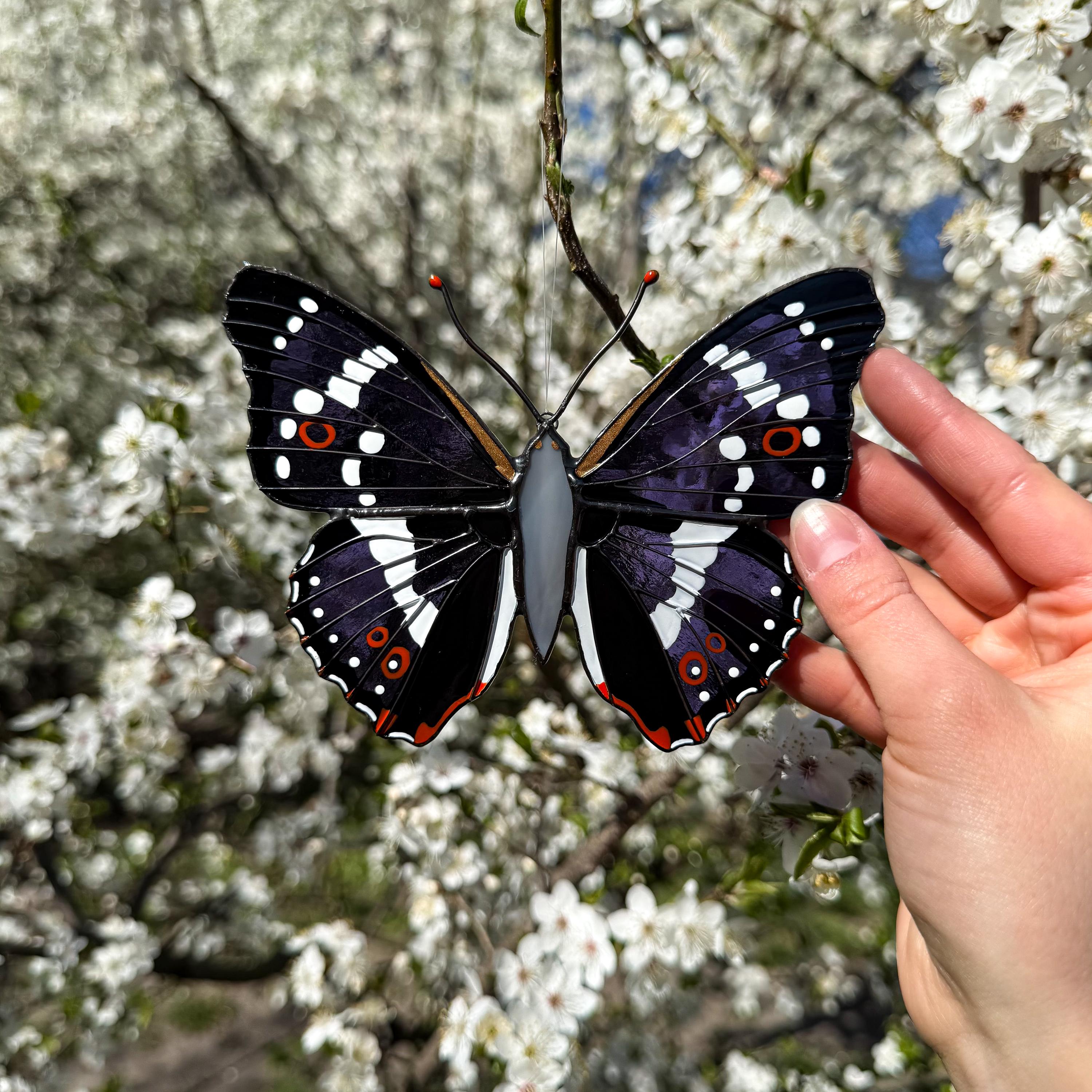 SunStainedGlassUA Purple Emperor Butterfly Stained Glass Suncatcher 5.5in