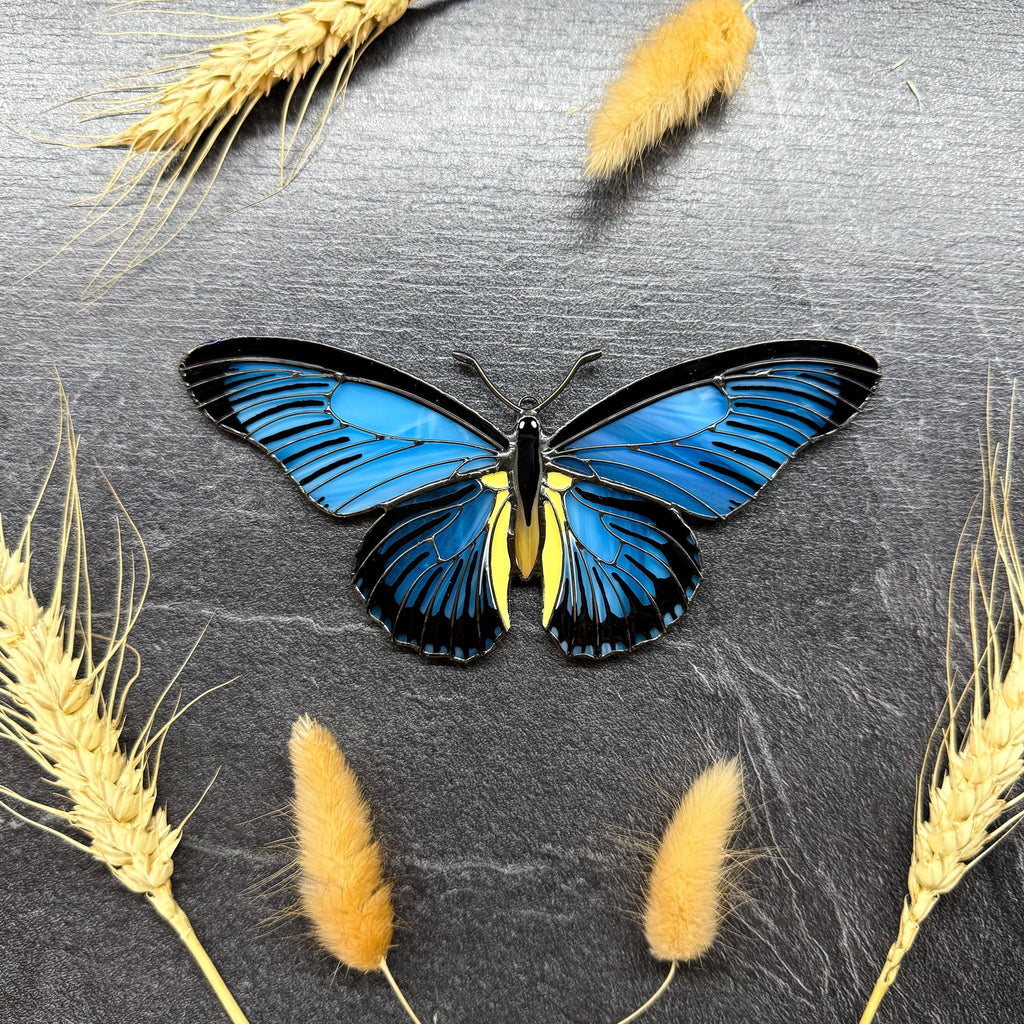 SunStainedGlassUA Blue Swallowtail Butterfly Stained Glass Suncatcher Handmade