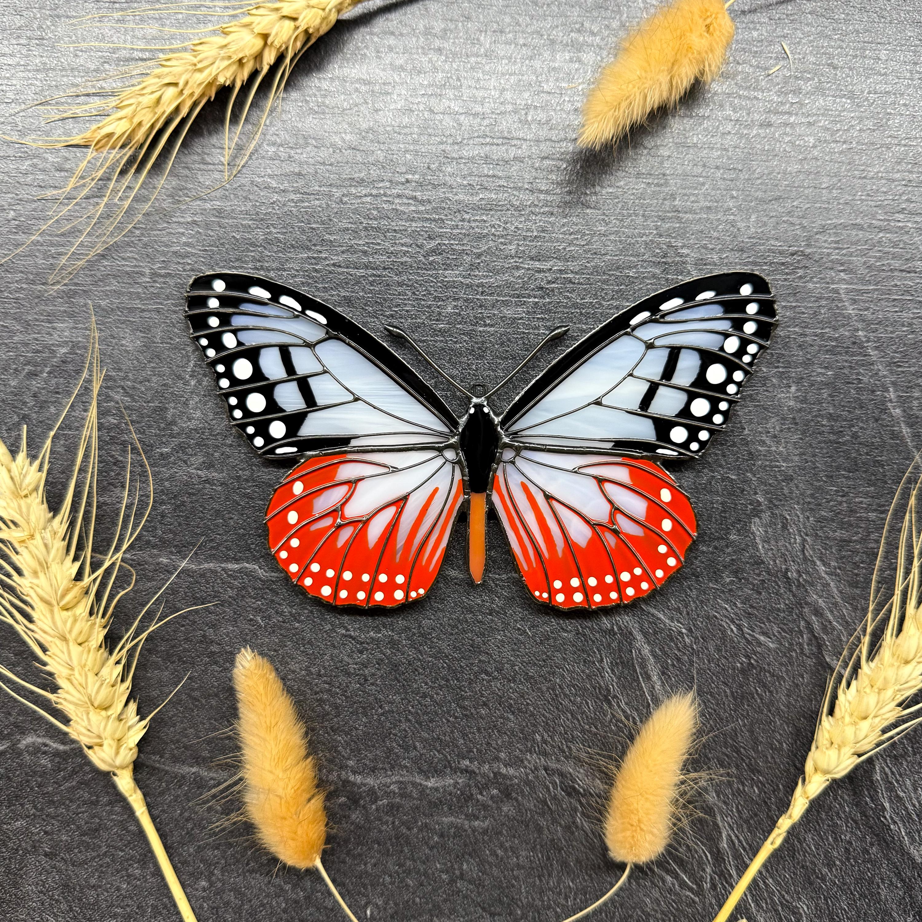 SunStainedGlassUA Hand-Painted Stained Glass Chestnut Tiger Butterfly Suncatcher