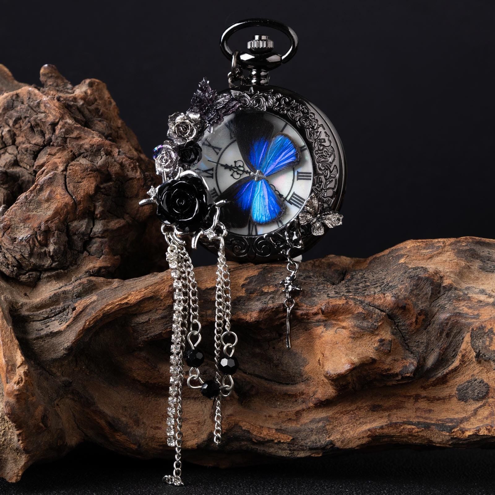 Oryeia Handmade Gothic Pocket Watch Real Blue Morpho Butterfly Jewelry Black Rose Pendant