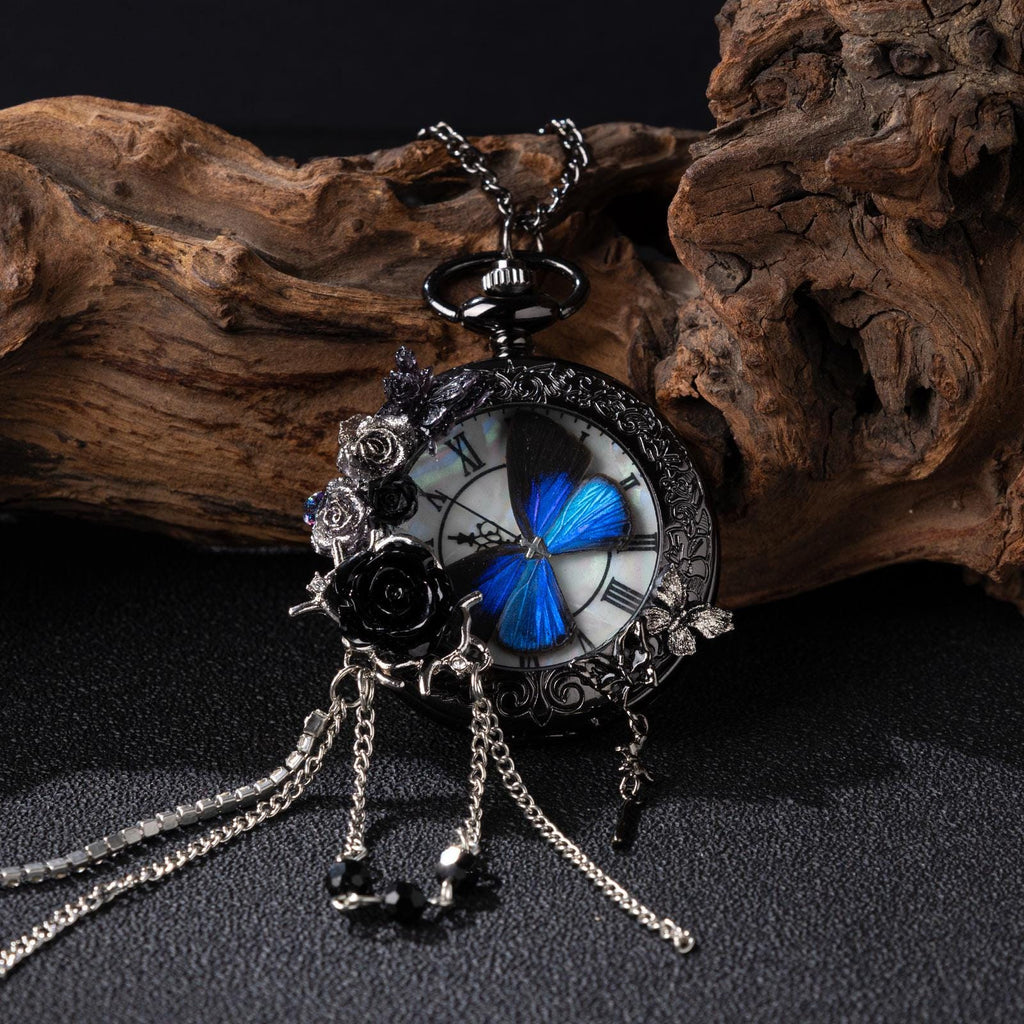 Oryeia Handmade Gothic Pocket Watch Real Blue Morpho Butterfly Jewelry Black Rose Pendant