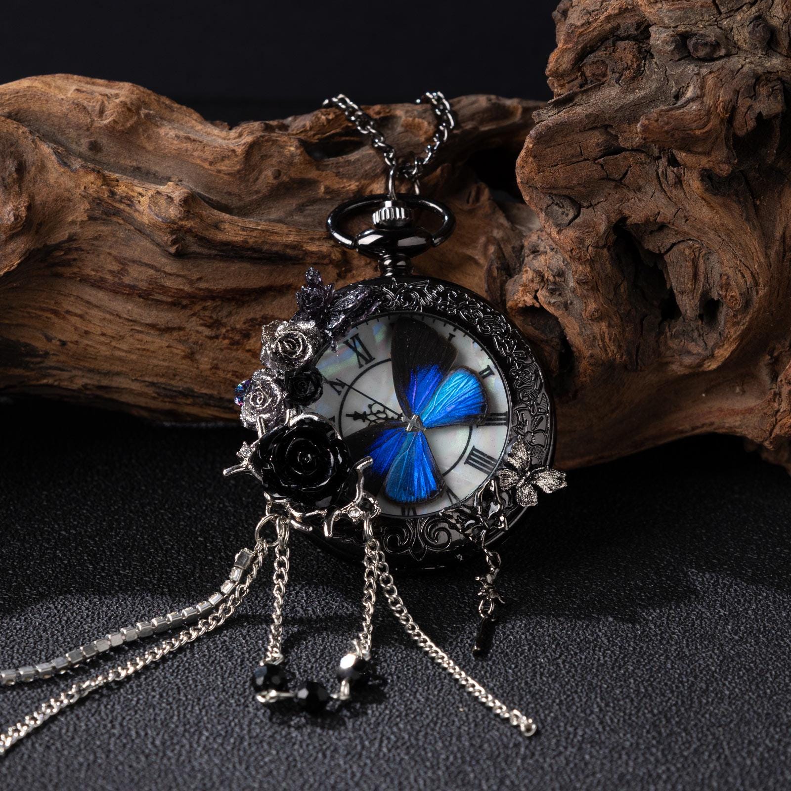 Oryeia Handmade Gothic Pocket Watch Real Blue Morpho Butterfly Jewelry Black Rose Pendant