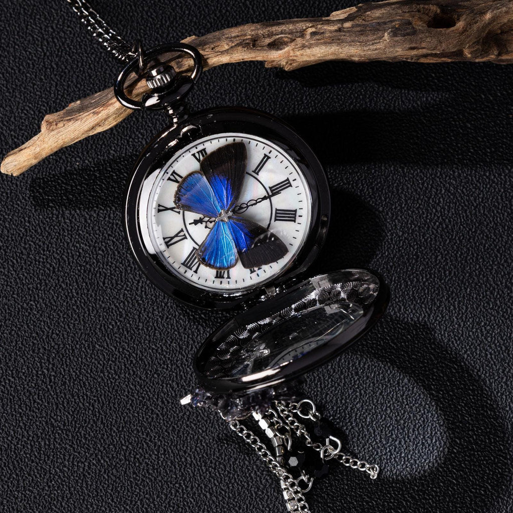 Oryeia Handmade Gothic Pocket Watch Real Blue Morpho Butterfly Jewelry Black Rose Pendant