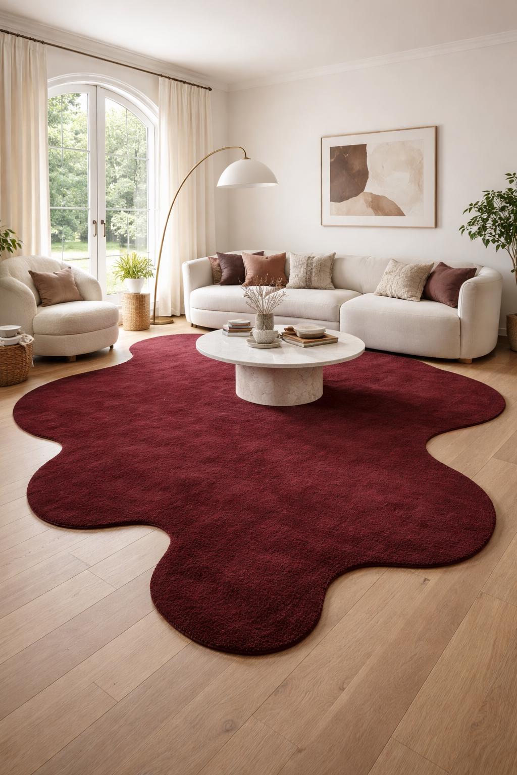 RugverseCreations Hand-Tufted Wool Area Rug Burgundy Amoeba Shape