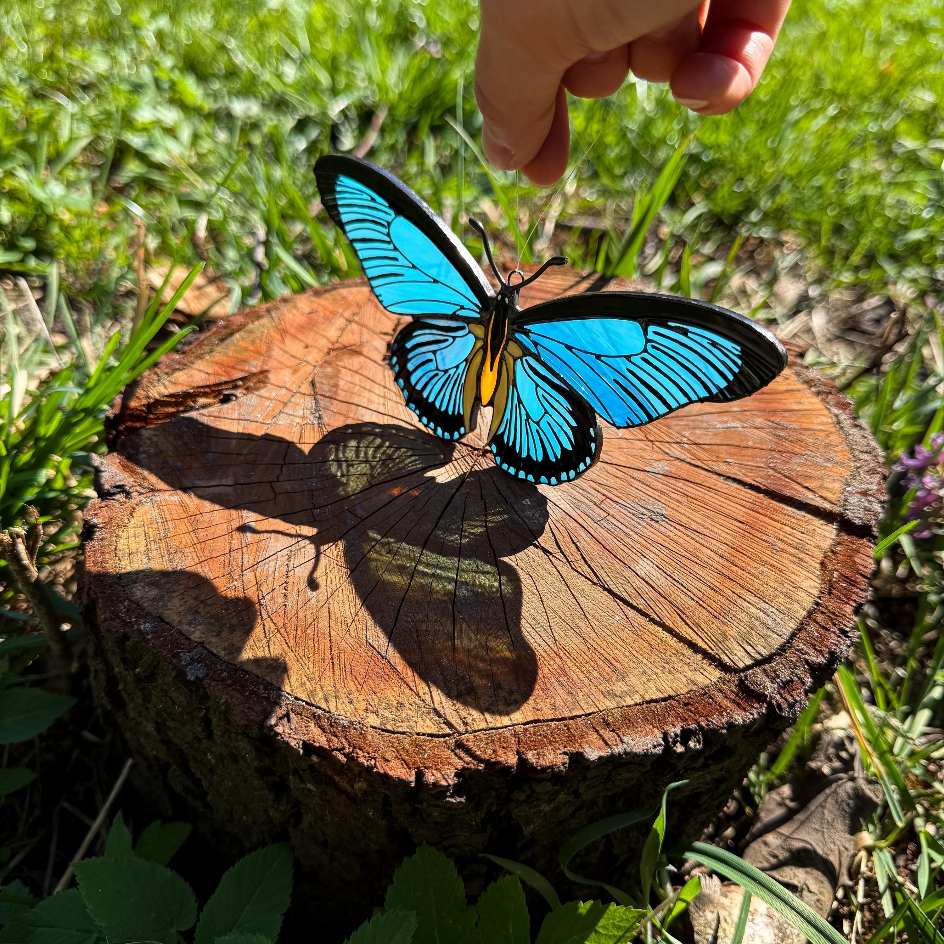 SunStainedGlassUA Blue Swallowtail Butterfly Stained Glass Suncatcher Handmade