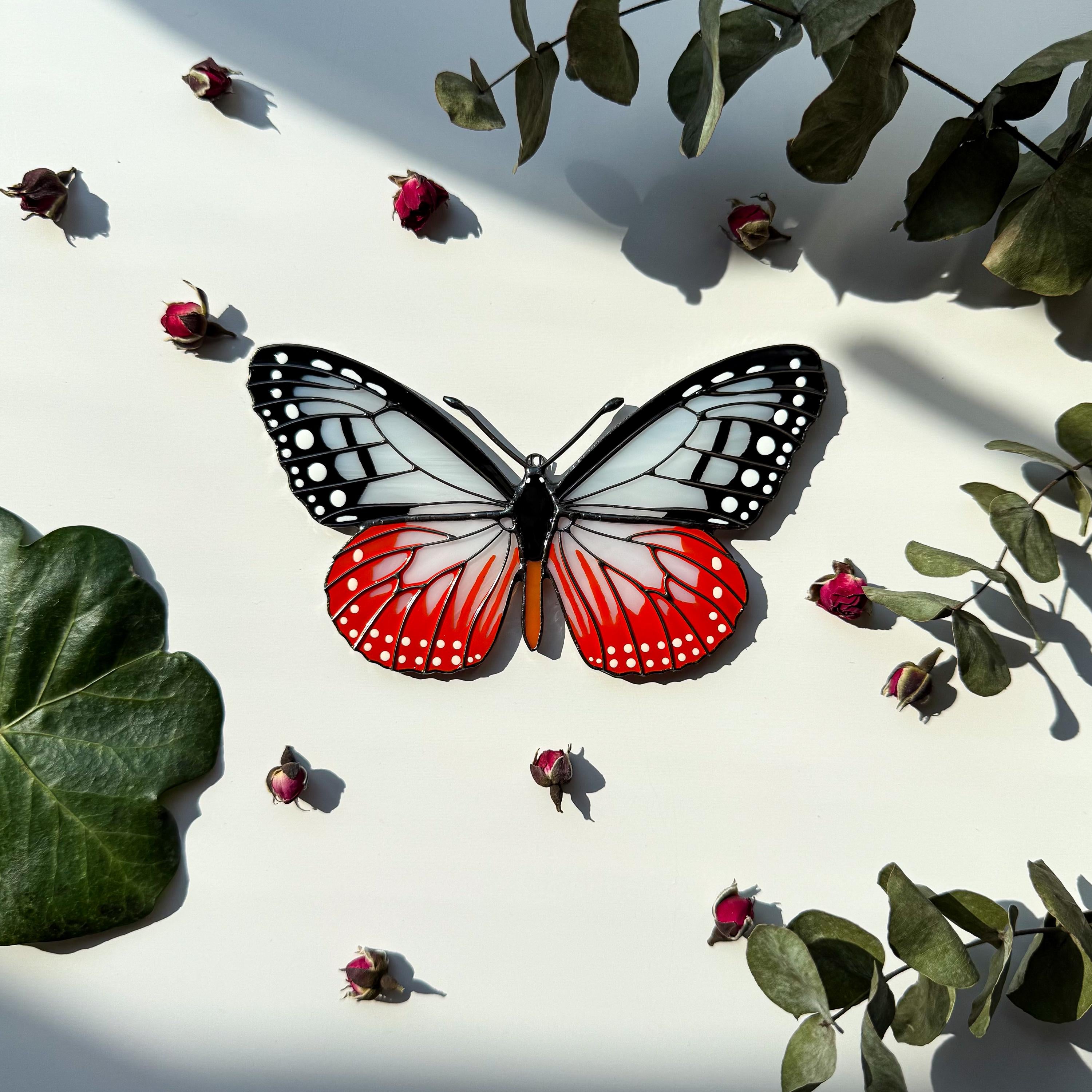 SunStainedGlassUA Hand-Painted Stained Glass Chestnut Tiger Butterfly Suncatcher